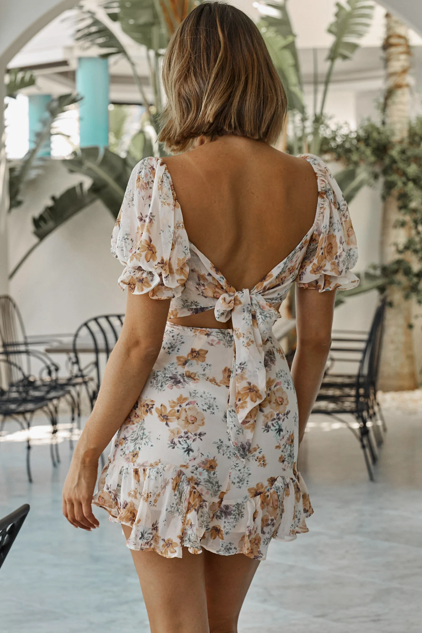 Dearly Beloved Puff Sleeve Frill Hem Dress Floral Print Beige - Image 2