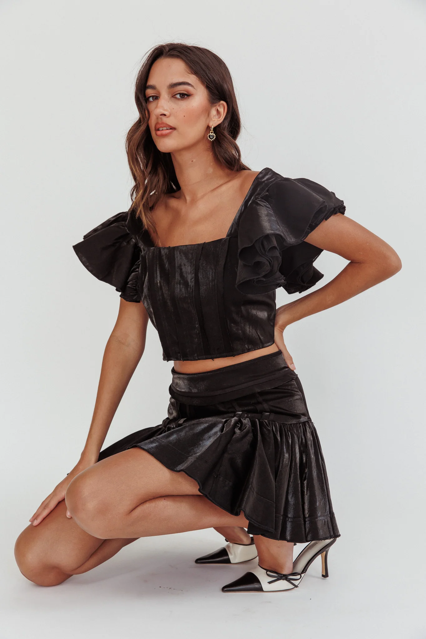 Debutante Ruffle Sleeve Crop Top Black - Image 2