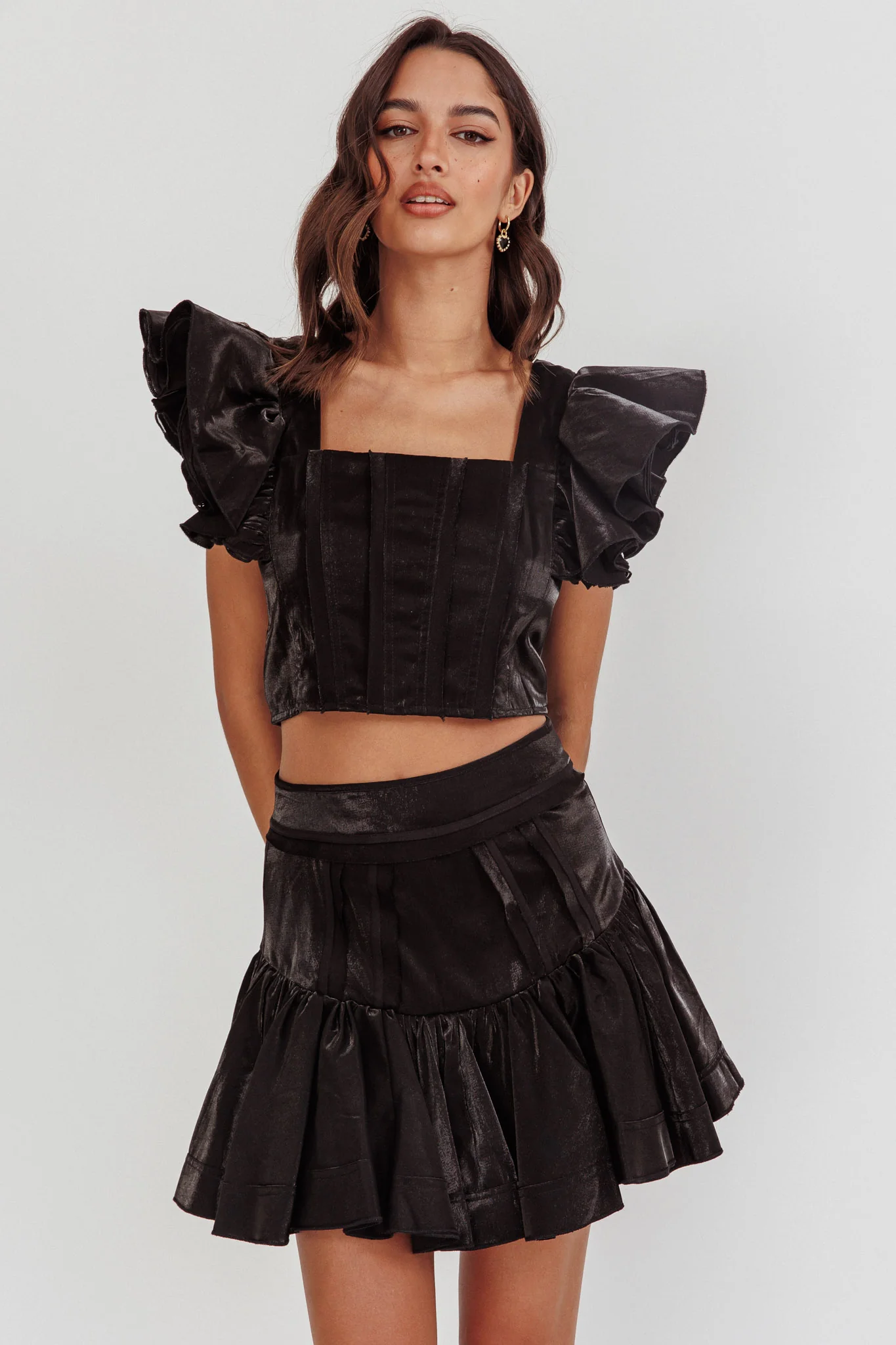 Debutante Ruffle Sleeve Crop Top Black - Image 6