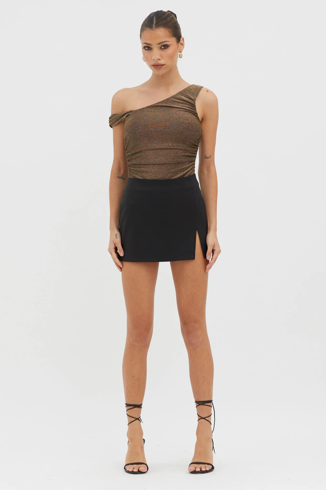 Deirdre Asymmetrical Strap Bodysuit Black/Gold - Image 5