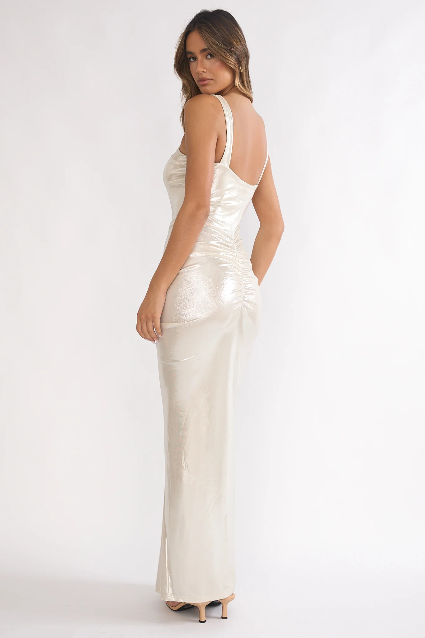 Delaina Ruched Waist Gold Accent Maxi Dress Pearl - Image 3