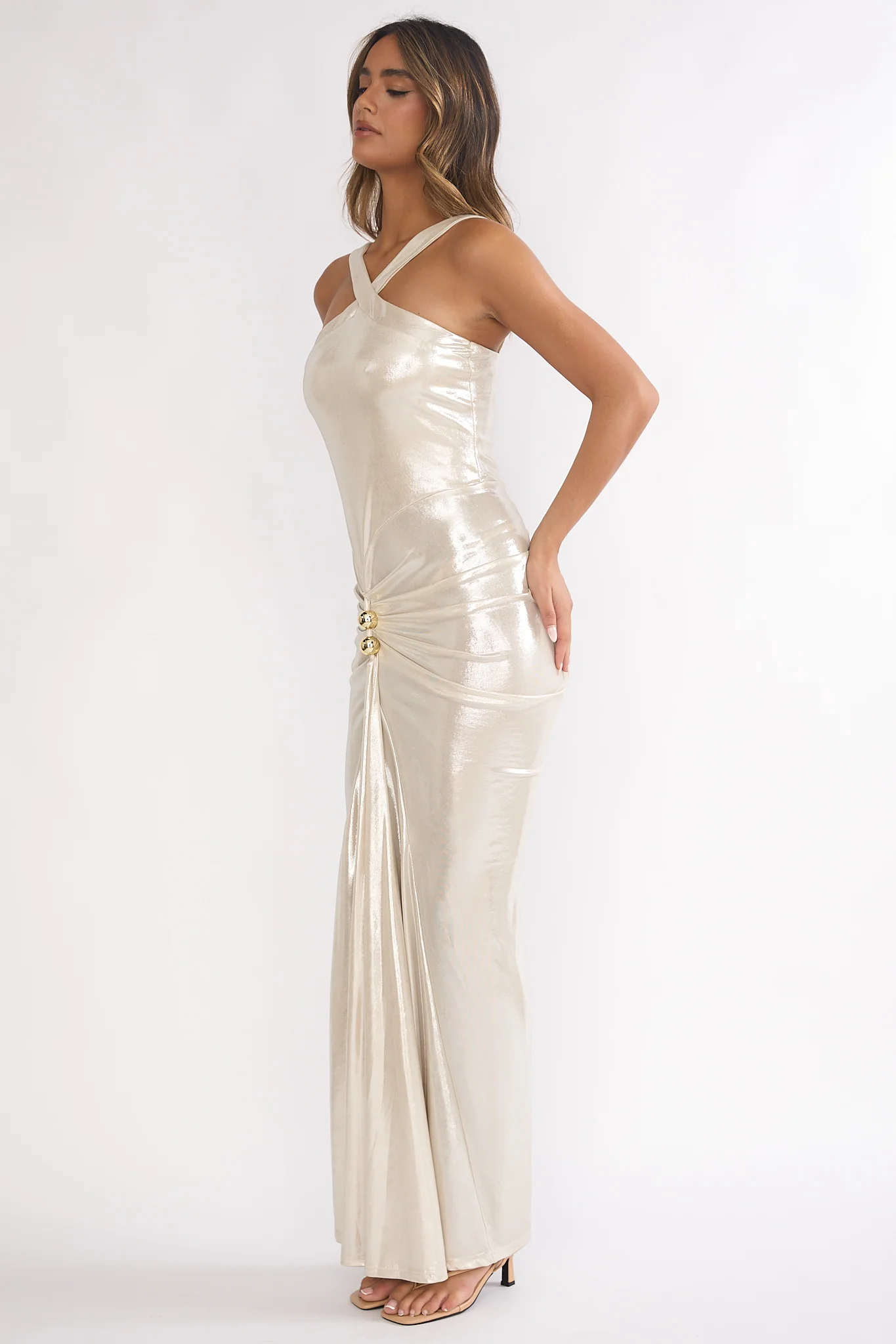Delaina Ruched Waist Gold Accent Maxi Dress Pearl - Image 6