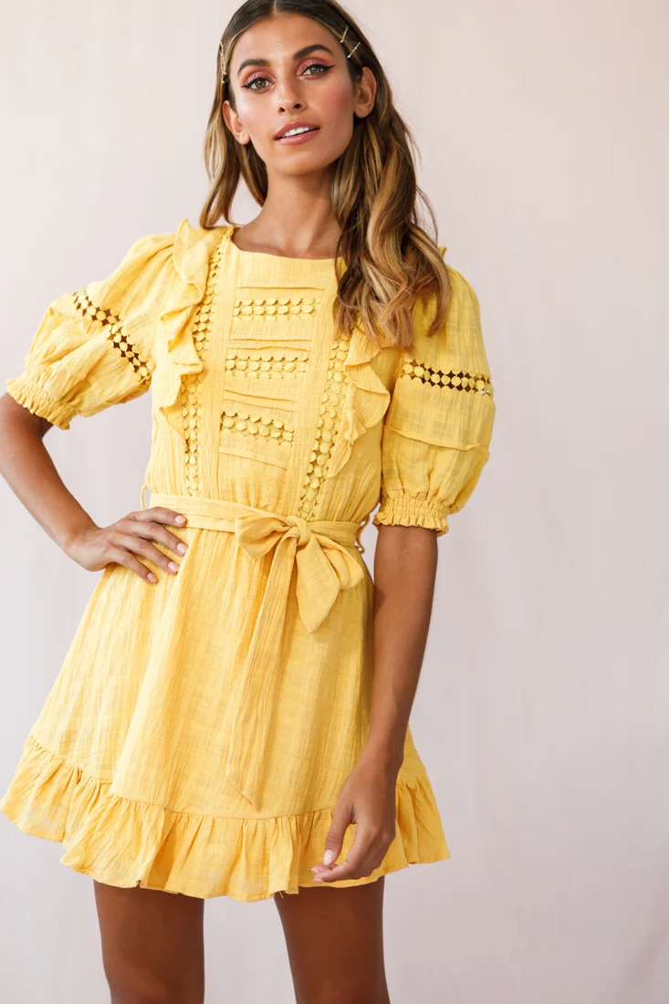 Delia Puff Sleeve Crochet Detail Dress Mustard - Image 6