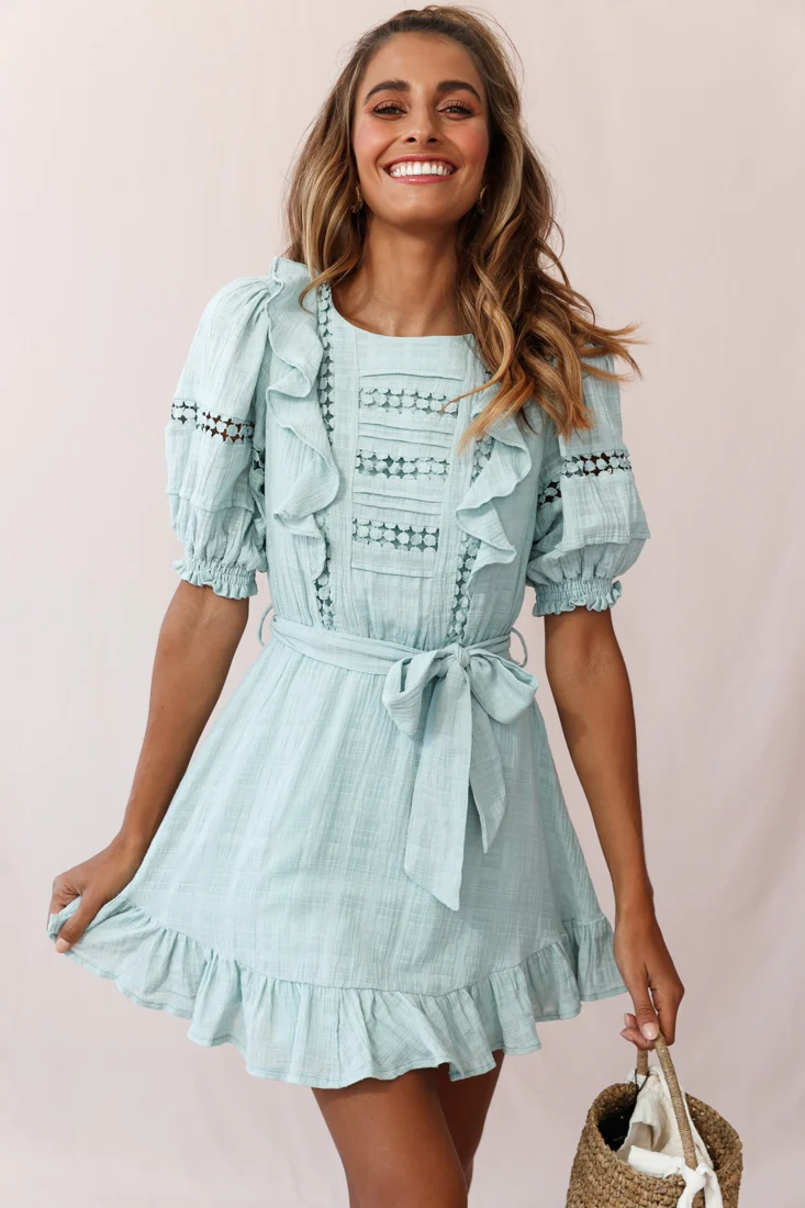 Delia Puff Sleeve Crochet Detail Dress Sage - Image 7