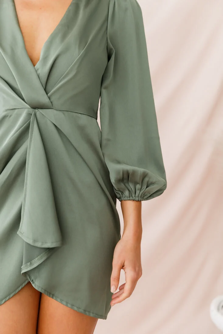 DeLisa Balloon Sleeve Mini Dress Olive - Image 4