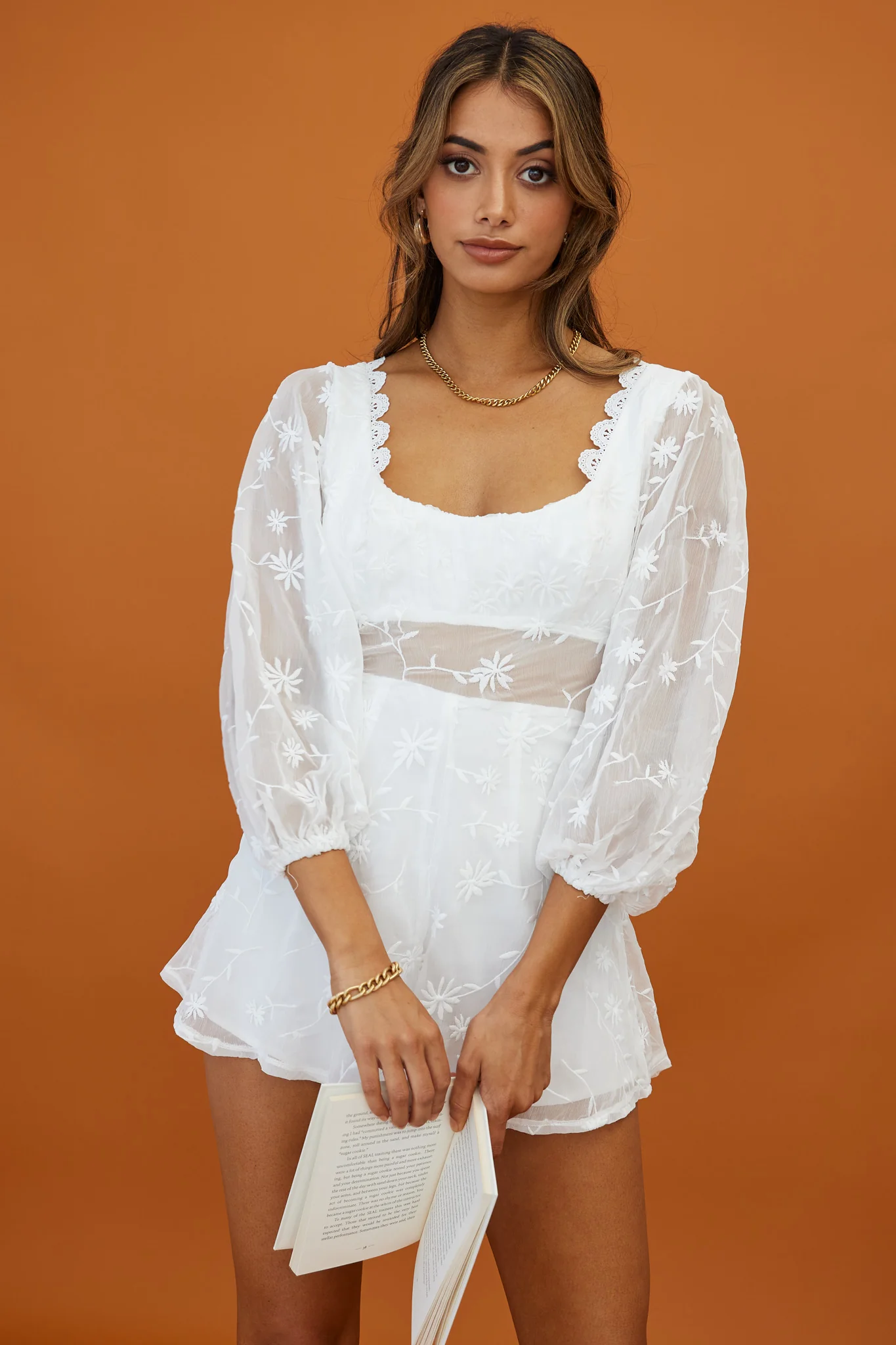 Delphine Balloon Sleeve Open Back Floral Embroidery Romper White - Image 6