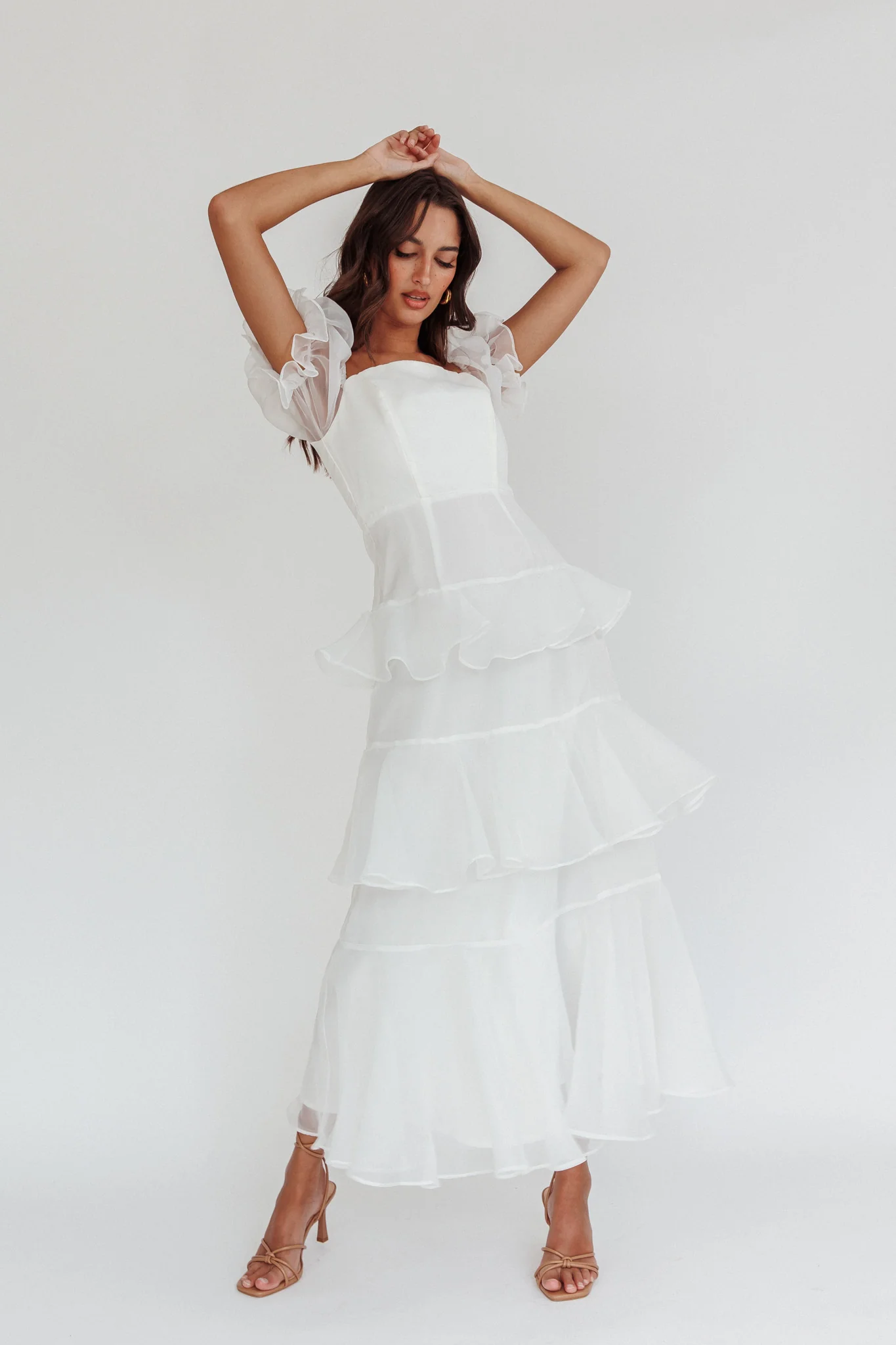 Delwynn Puff Sleeve Layered Midi Dress White - Image 2