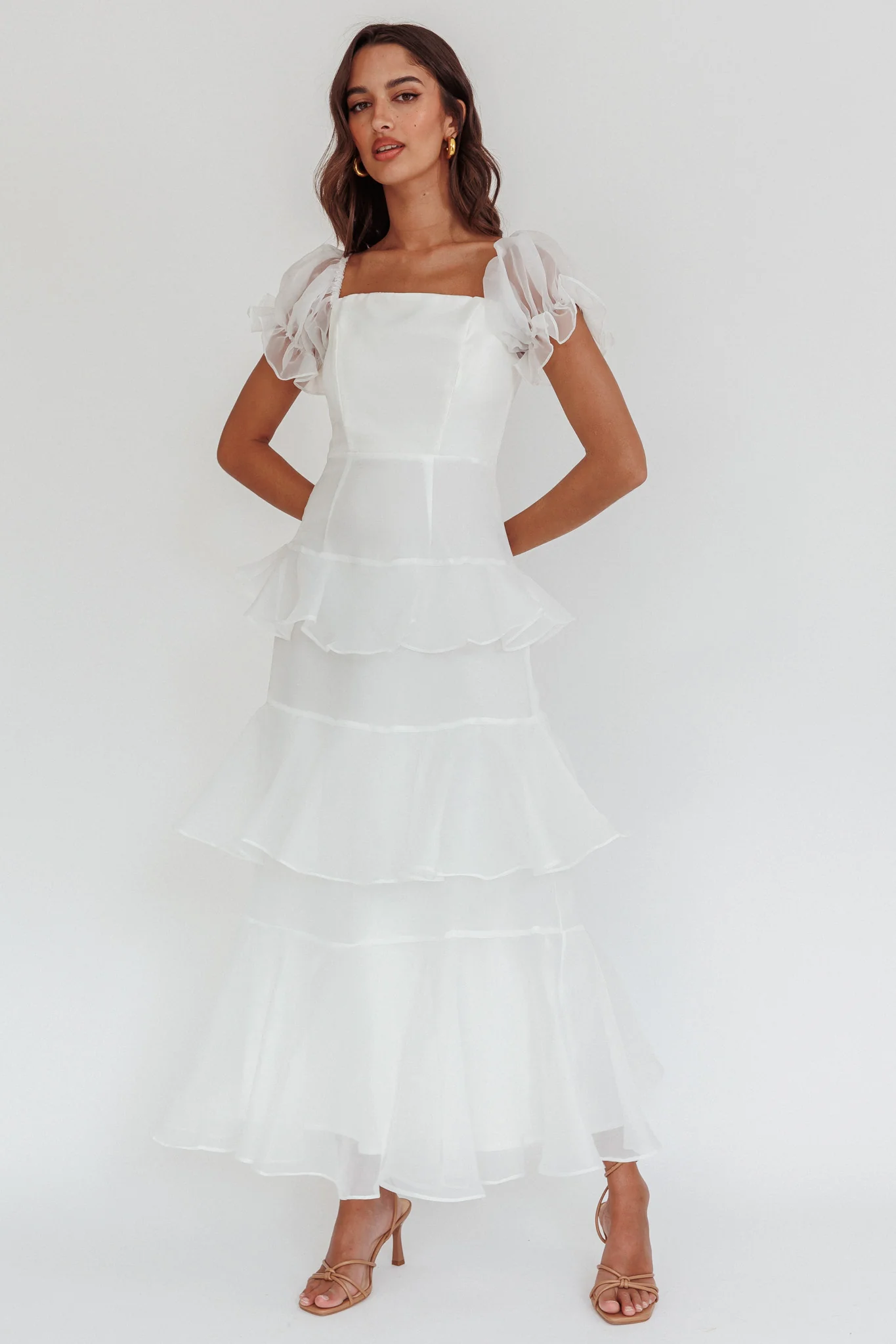 Delwynn Puff Sleeve Layered Midi Dress White - Image 6