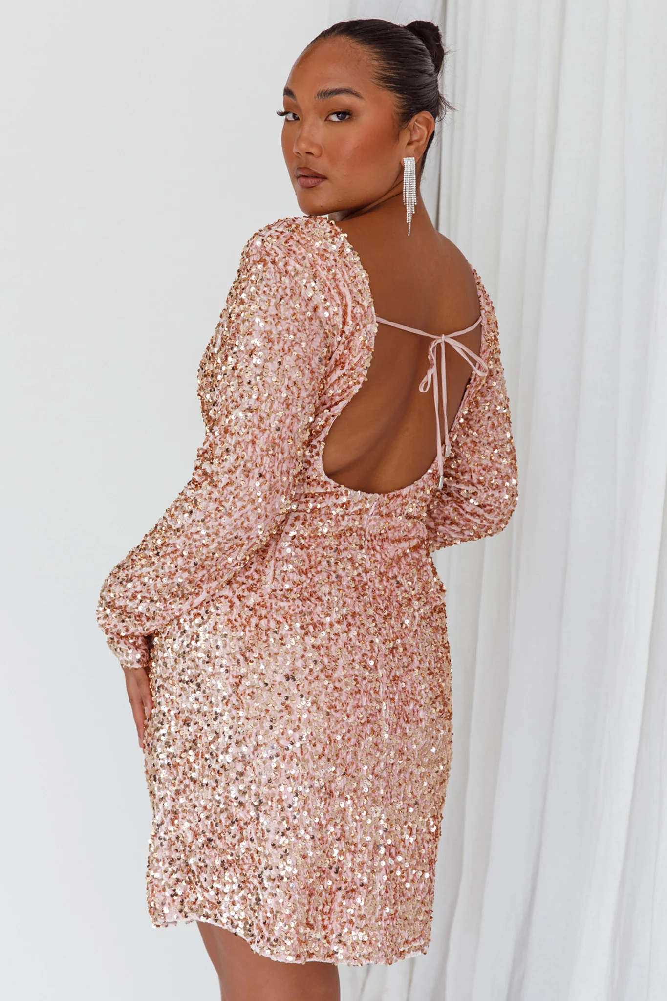 Demure Long Sleeve Open Back Dress Sequin Blush - Image 4