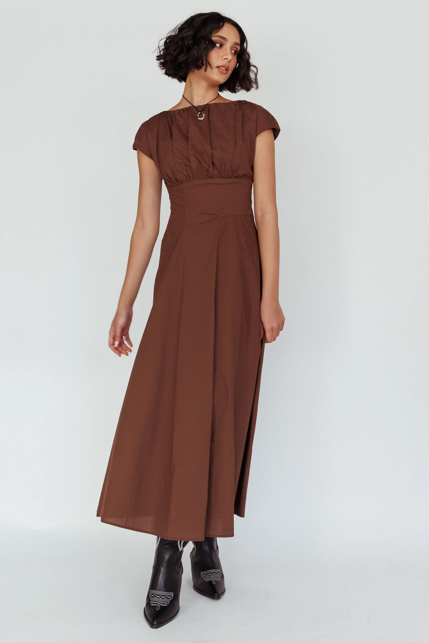 Derry Cap Sleeve A-line Maxi Dress Chocolate - Image 3