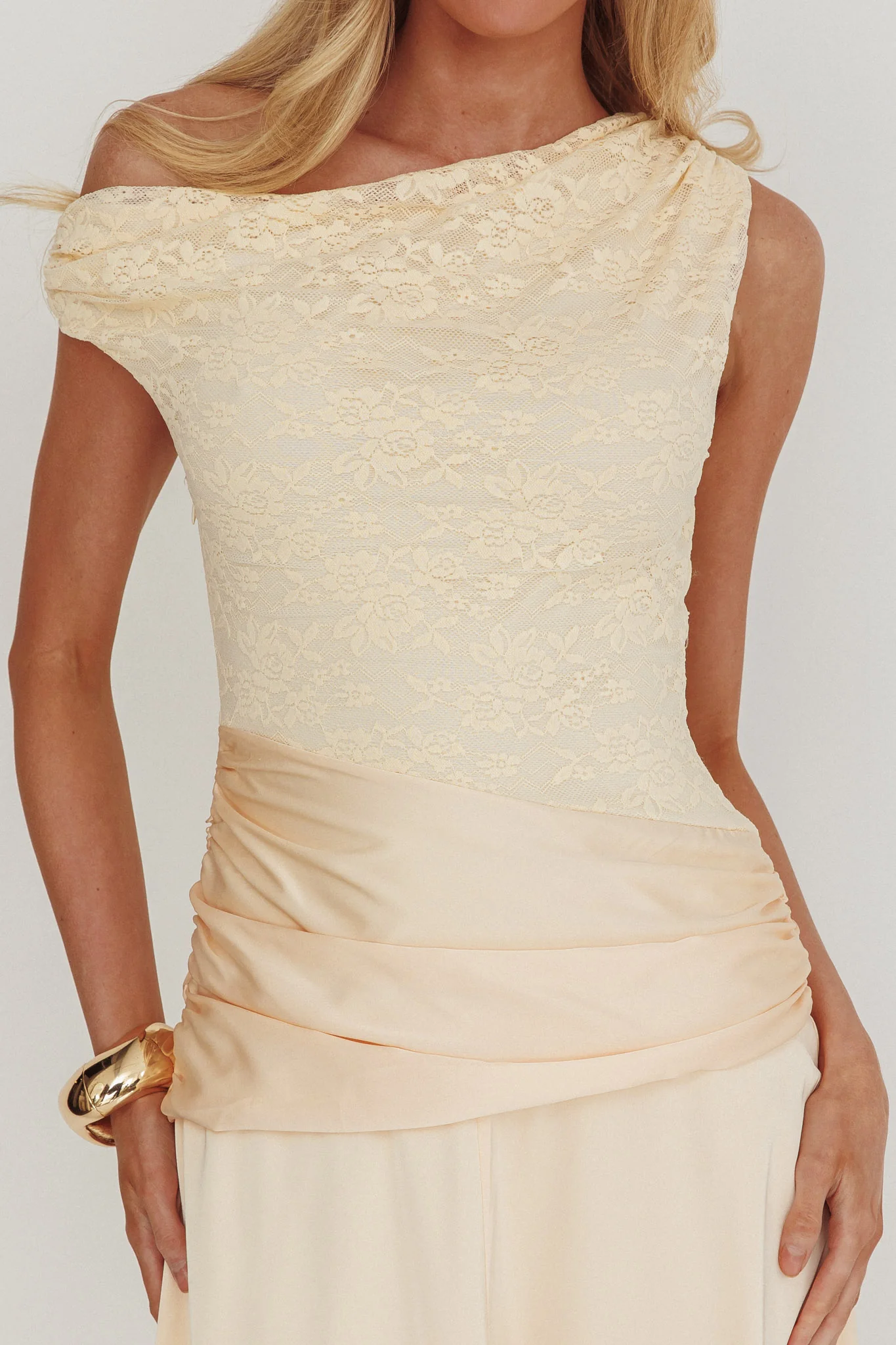 Diana Asymmetric Shoulder Pleat Waist Maxi Dress Butter - Image 3