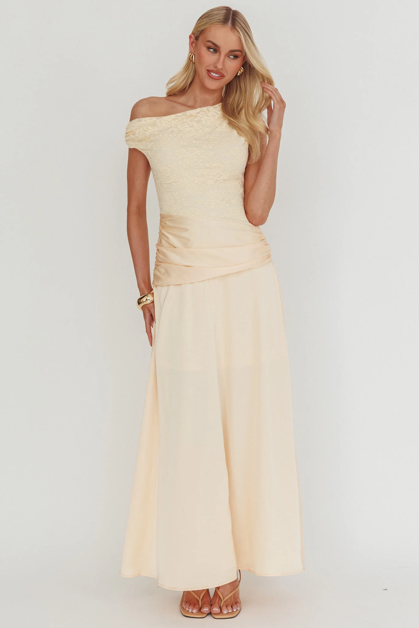 Diana Asymmetric Shoulder Pleat Waist Maxi Dress Butter - Image 4