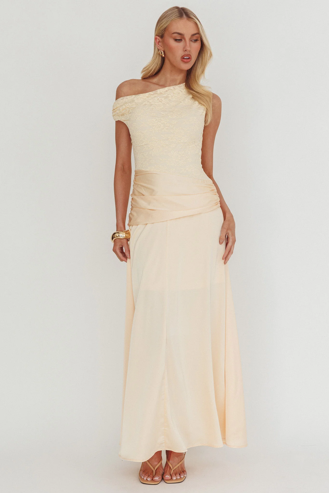 Diana Asymmetric Shoulder Pleat Waist Maxi Dress Butter - Image 5