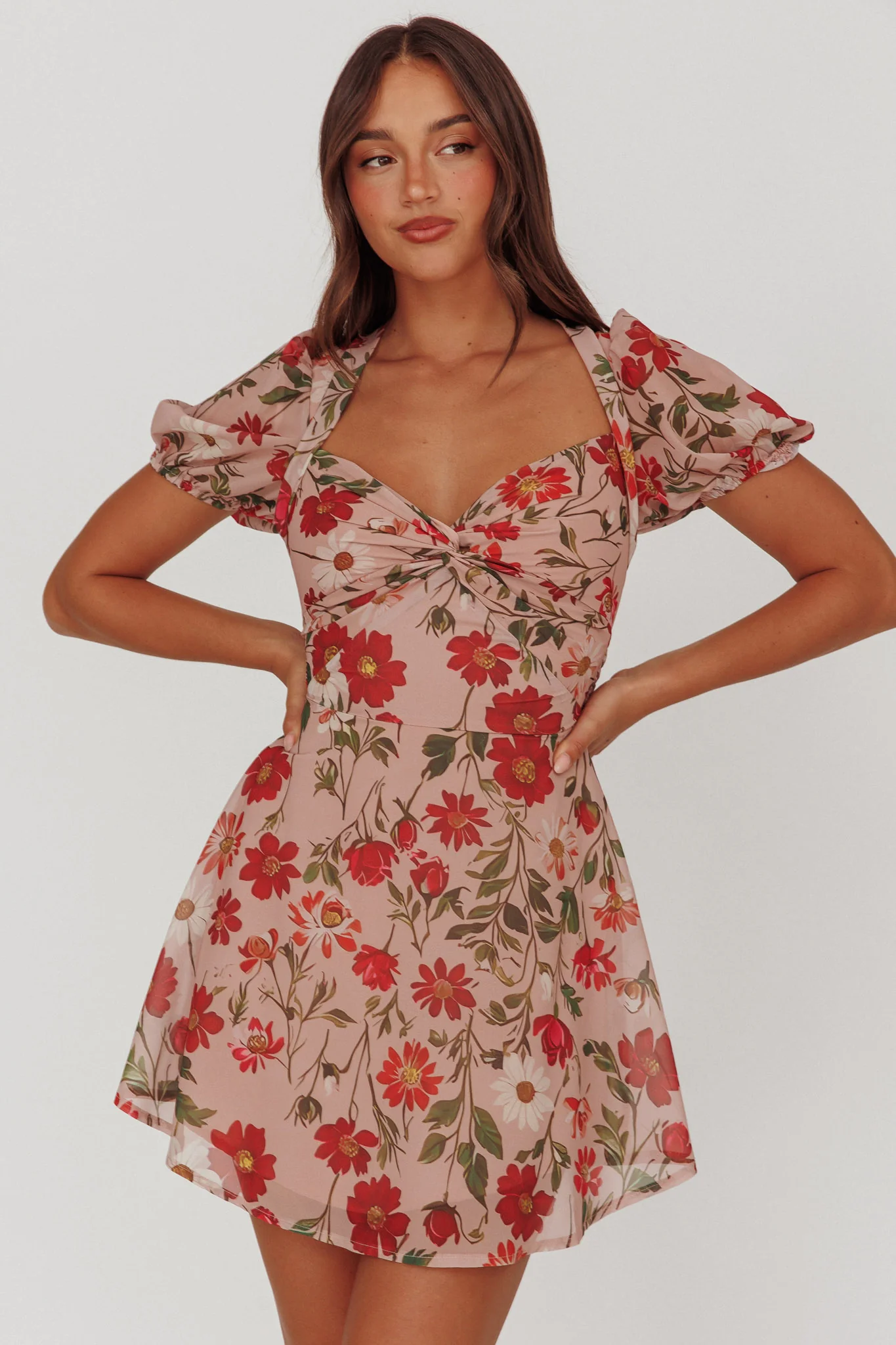 Dillon Twist Bust Mini Dress Floral Beige - Image 3