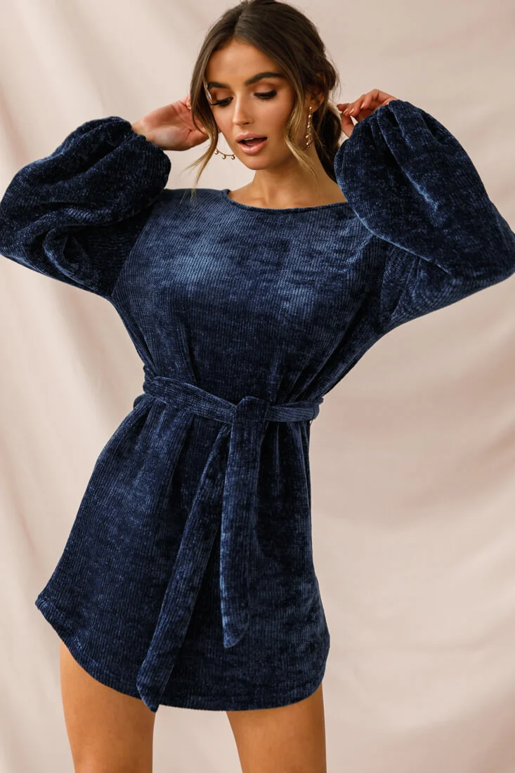Diva Velvet Yarn Knit Dress Navy - Image 5