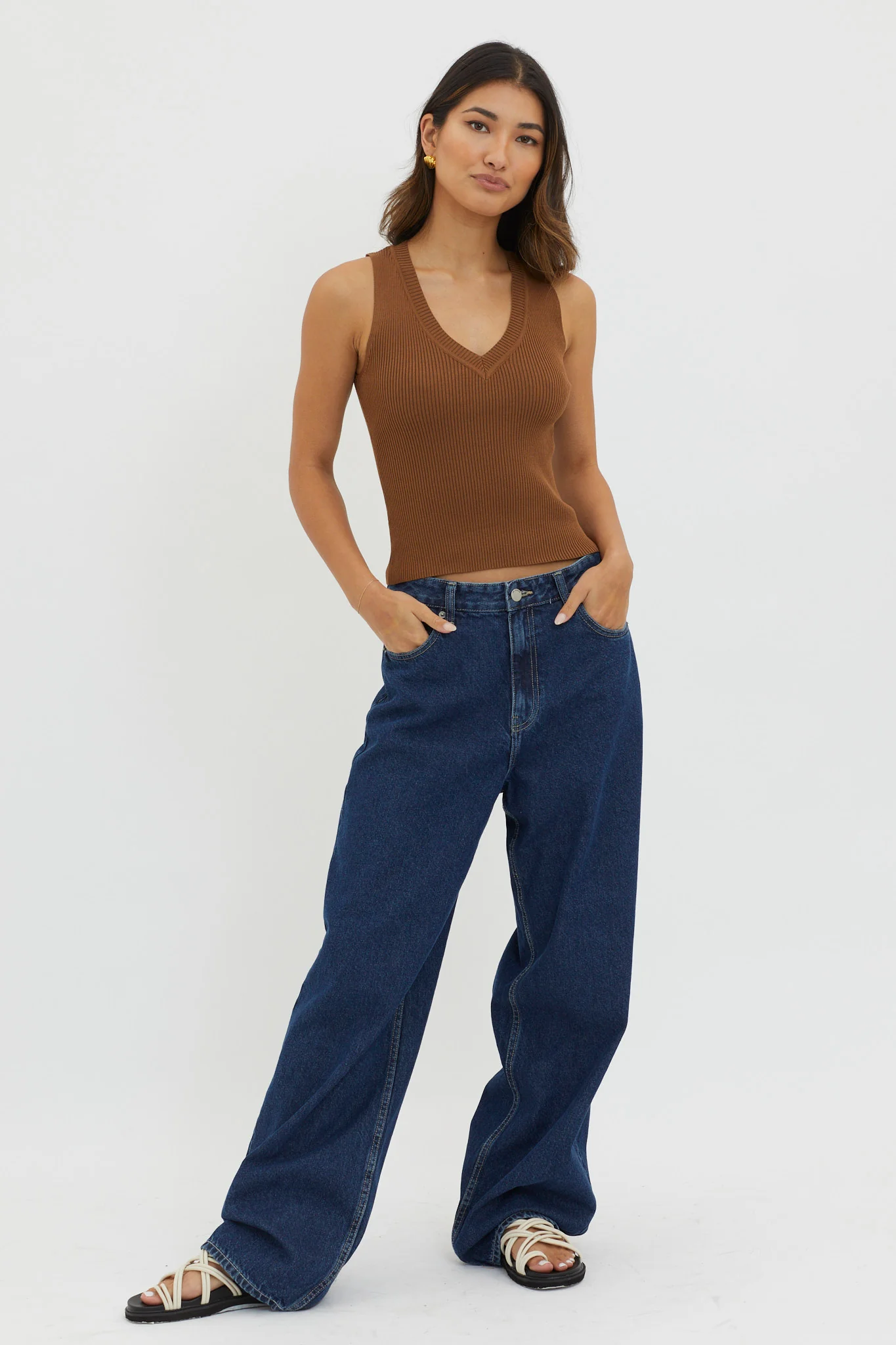 D'Lila V-Neck Ribbed Knit Top Chocolate - Image 3