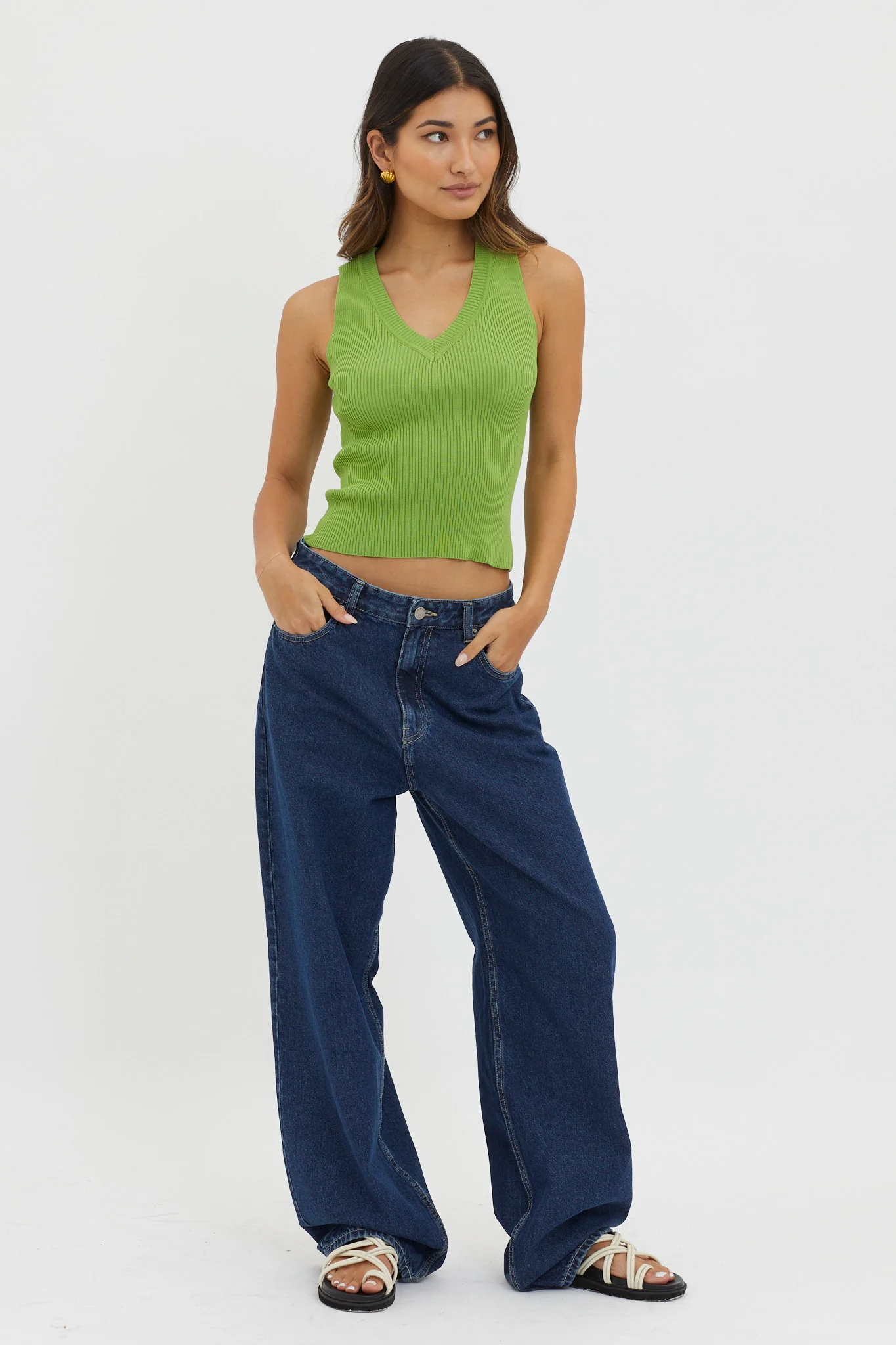 D'Lila V-Neck Ribbed Knit Top Green - Image 3