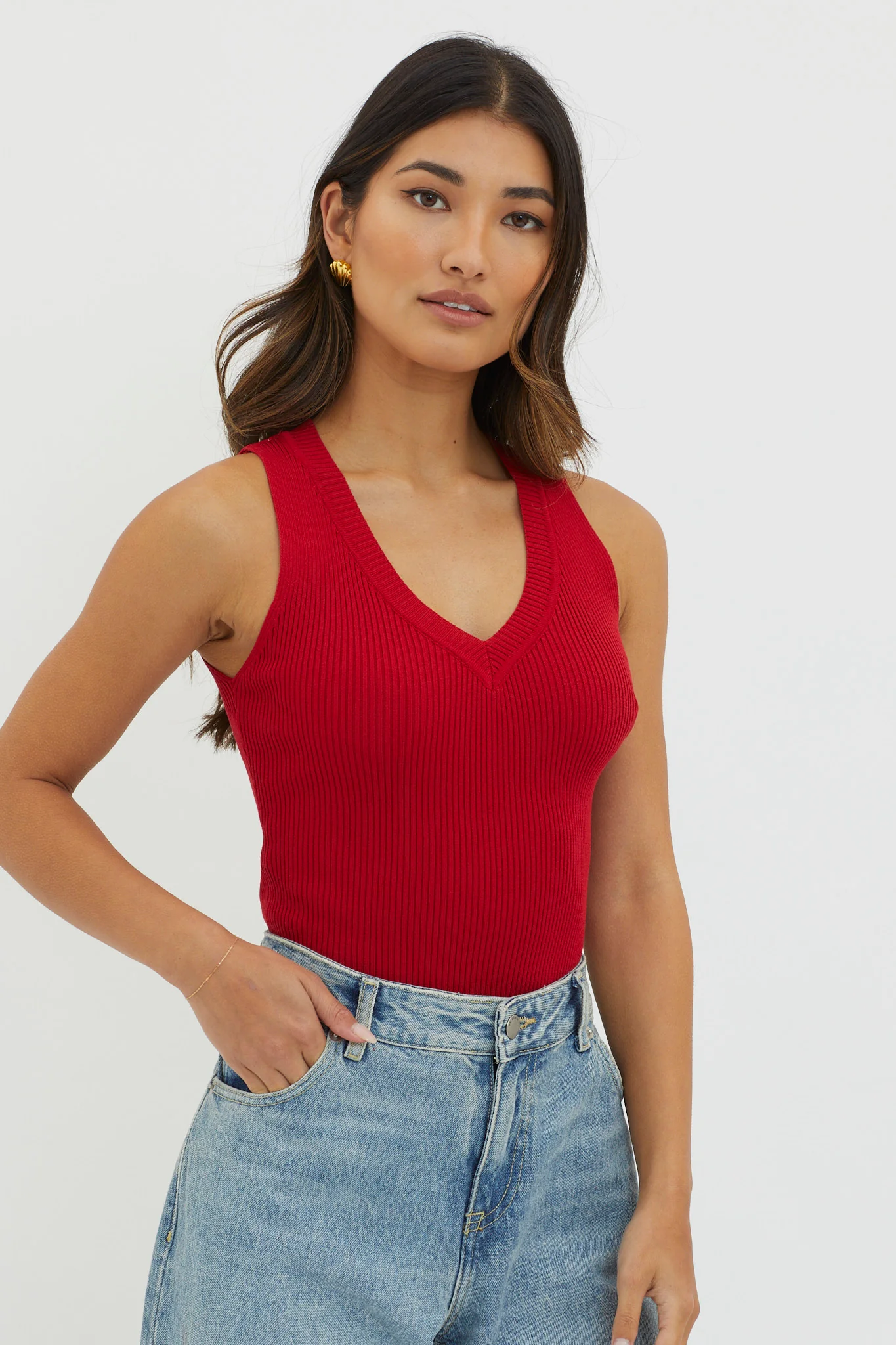 D'Lila V-Neck Ribbed Knit Top Maroon - Image 5