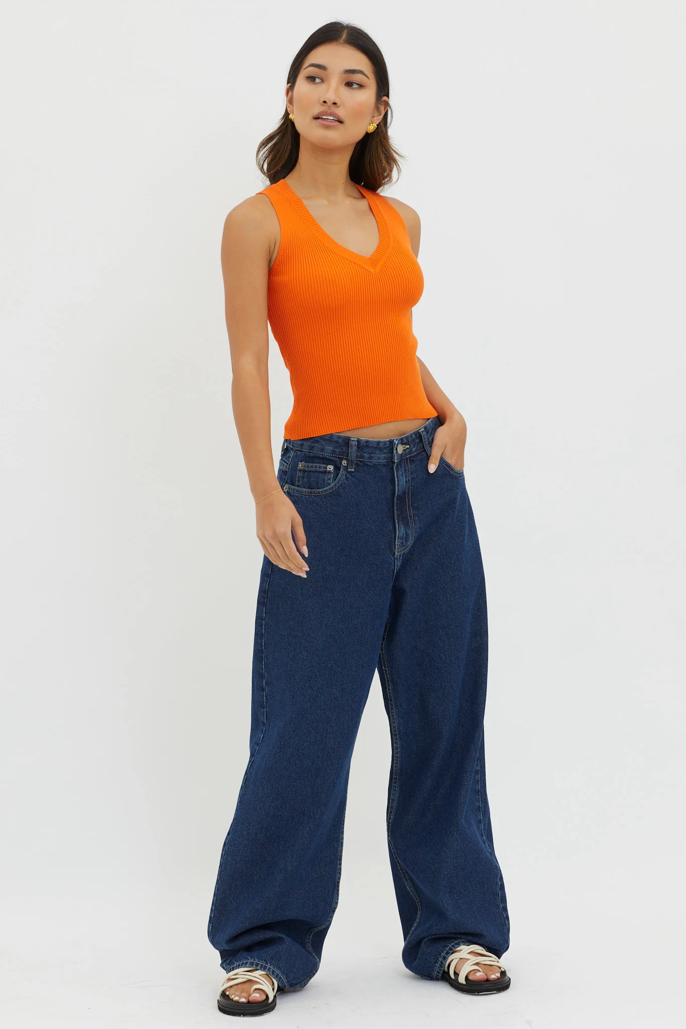 D'Lila V-Neck Ribbed Knit Top Orange - Image 3