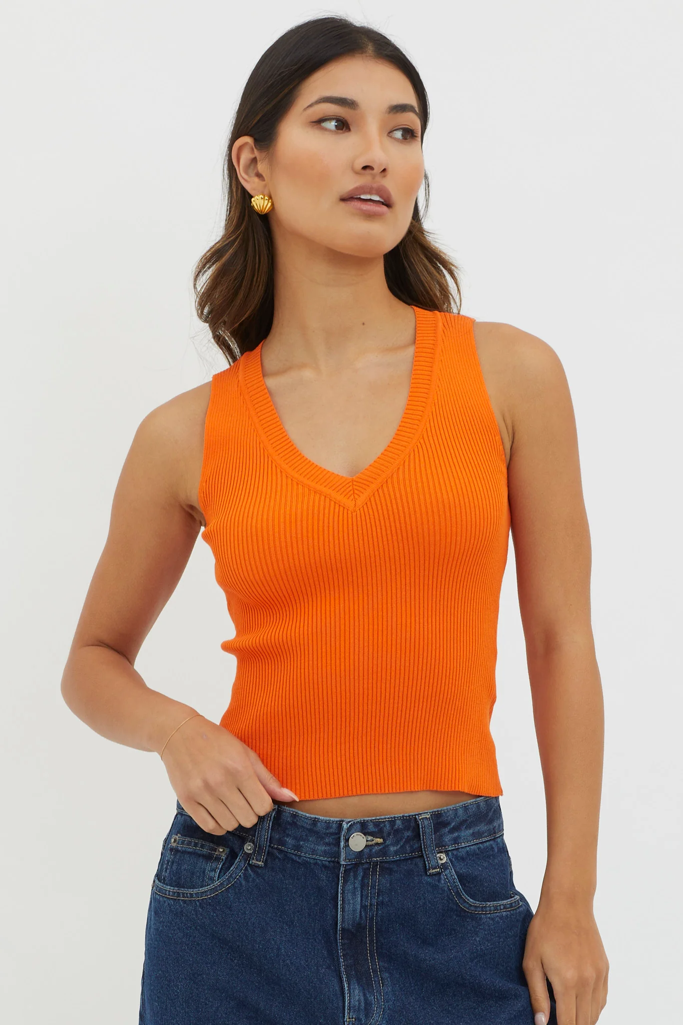 D'Lila V-Neck Ribbed Knit Top Orange - Image 5