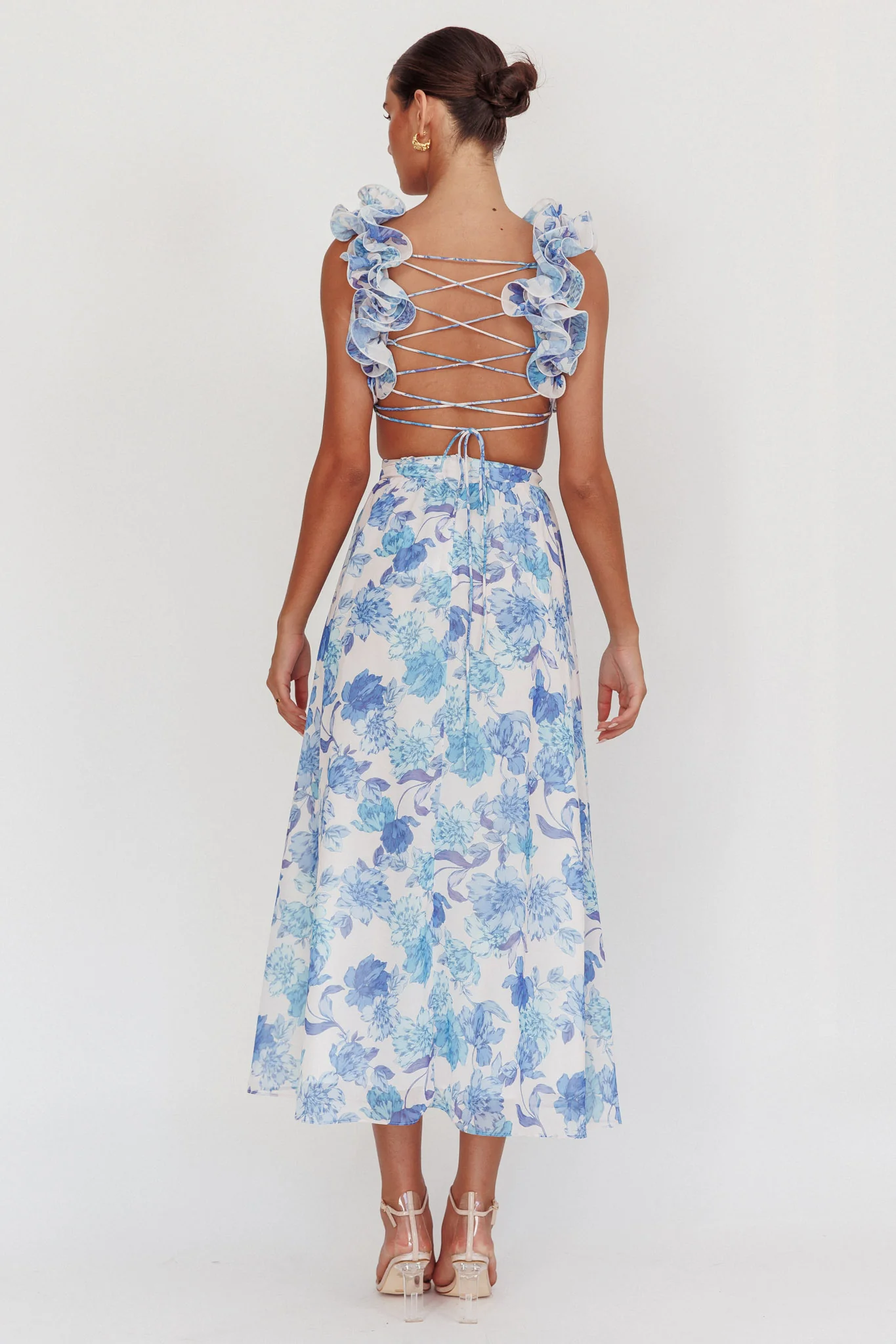 Madara Lace-Up Back Maxi Dress Floral Blue - Image 3