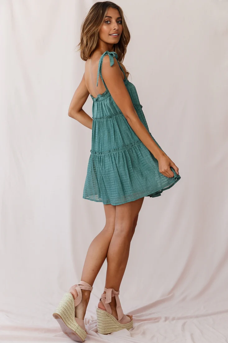 Dolly Layered Ruffle Tied Shoulder Strap Dress Green - Image 3