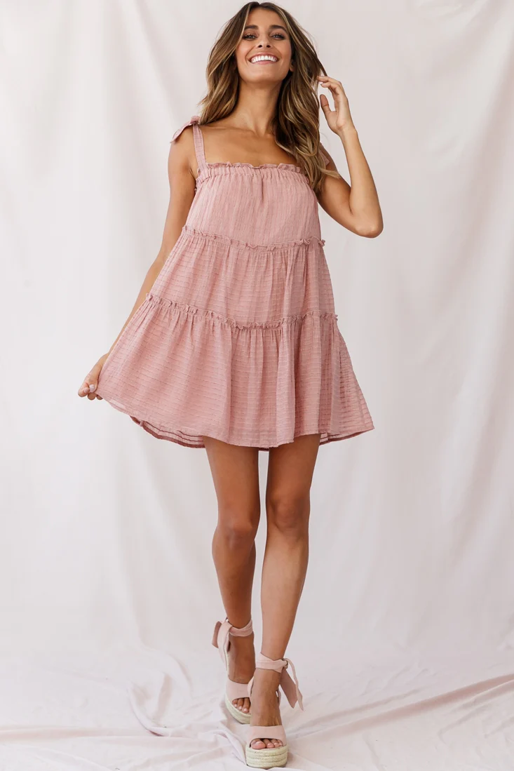 Dolly Layered Ruffle Tied Shoulder Strap Dress Rose - Image 2