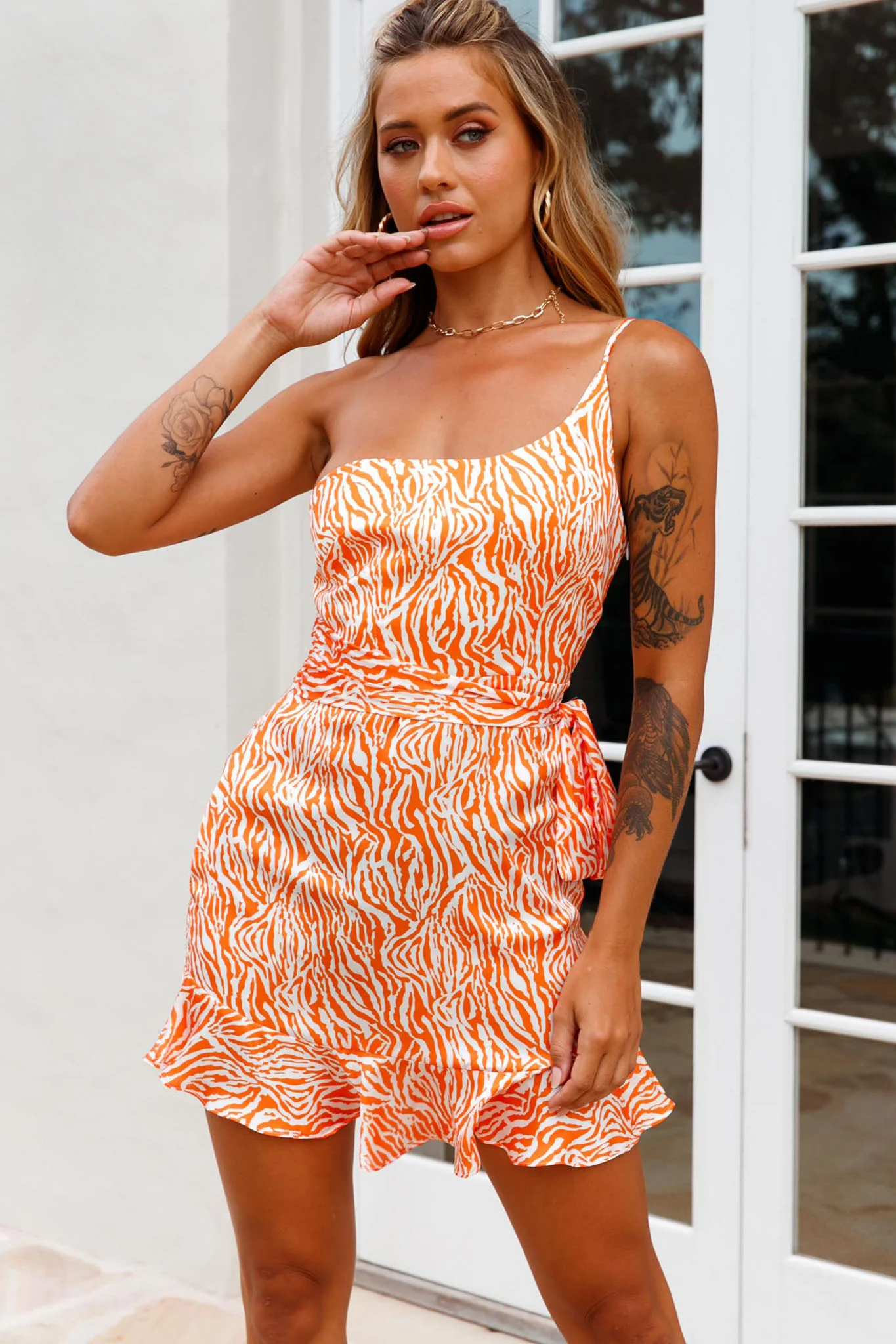 Don't Wait Up One Shoulder Waist Tie Dress Animal Print Orange/Peach - Image 7