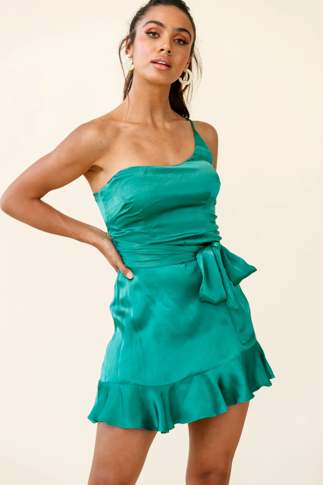 Don't Wait Up One Shoulder Waist Tie Dress Jade - Image 5