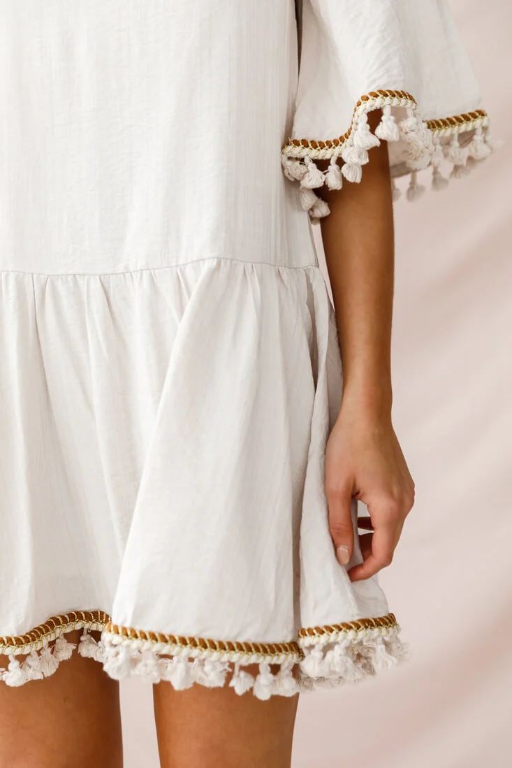 Donna Dropped Waist Tassel Dress Beige - Image 4