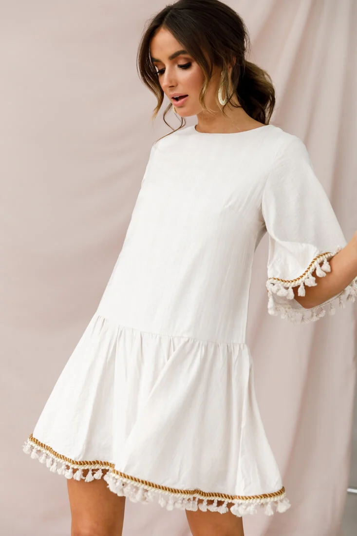 Donna Dropped Waist Tassel Dress Beige - Image 5