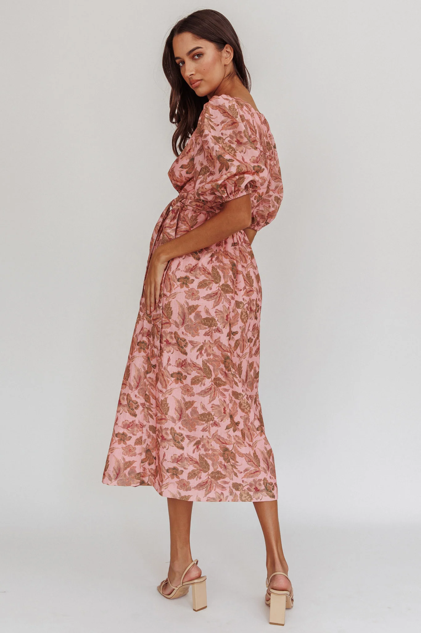 Doris Floral Puff Sleeve Midi Wrap Dress Blush - Image 3