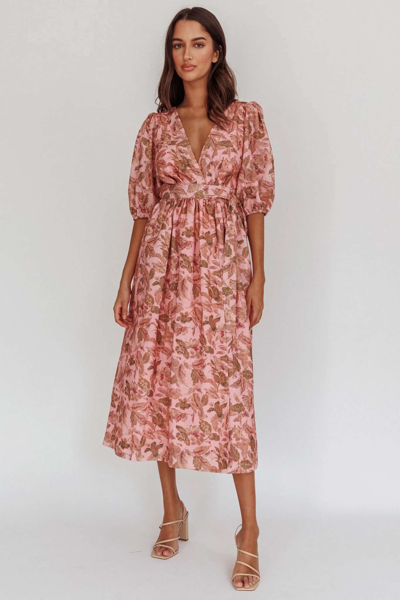 Doris Floral Puff Sleeve Midi Wrap Dress Blush - Image 4