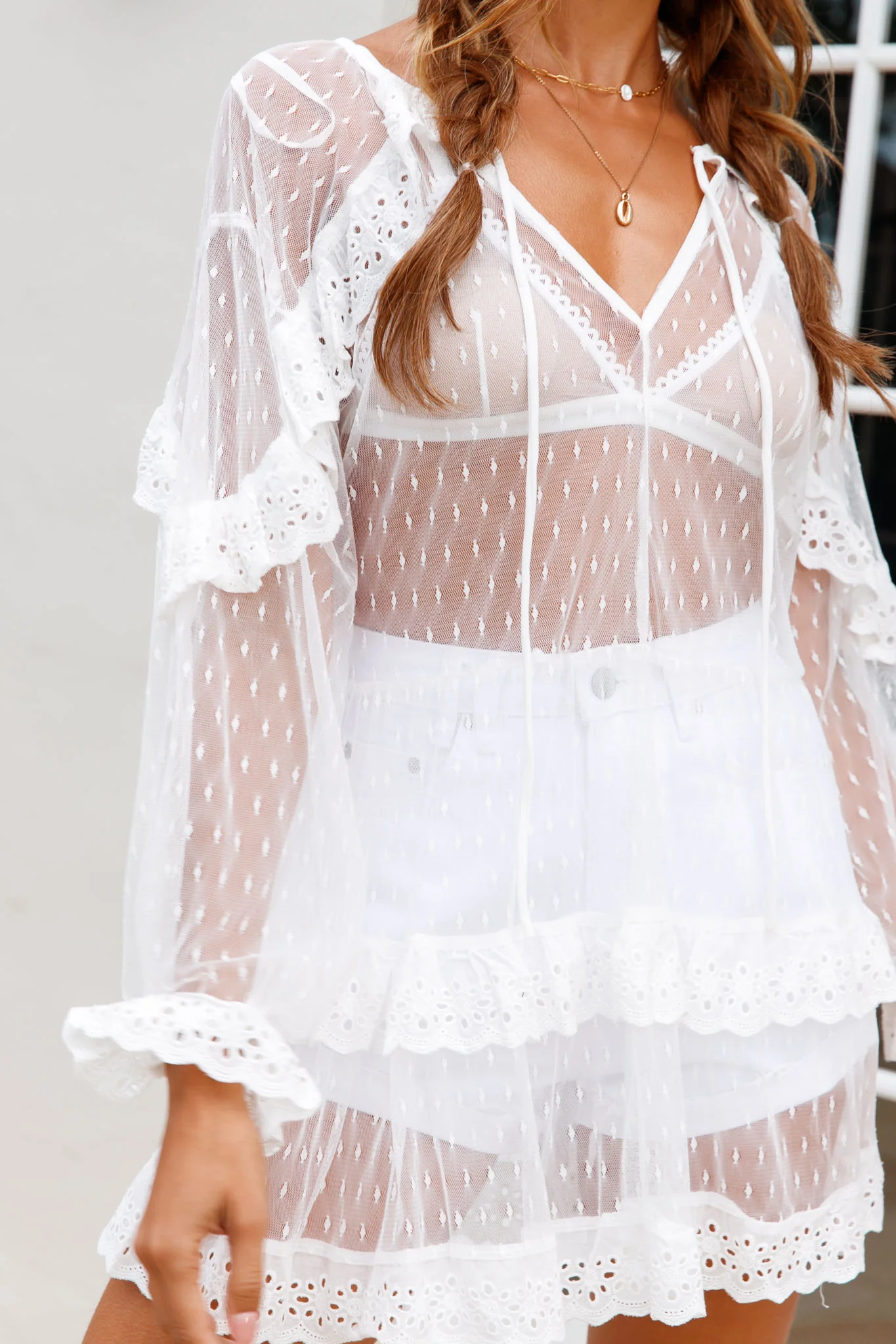 Double Dare Sheer Lace Trim Shift Top White - Image 4