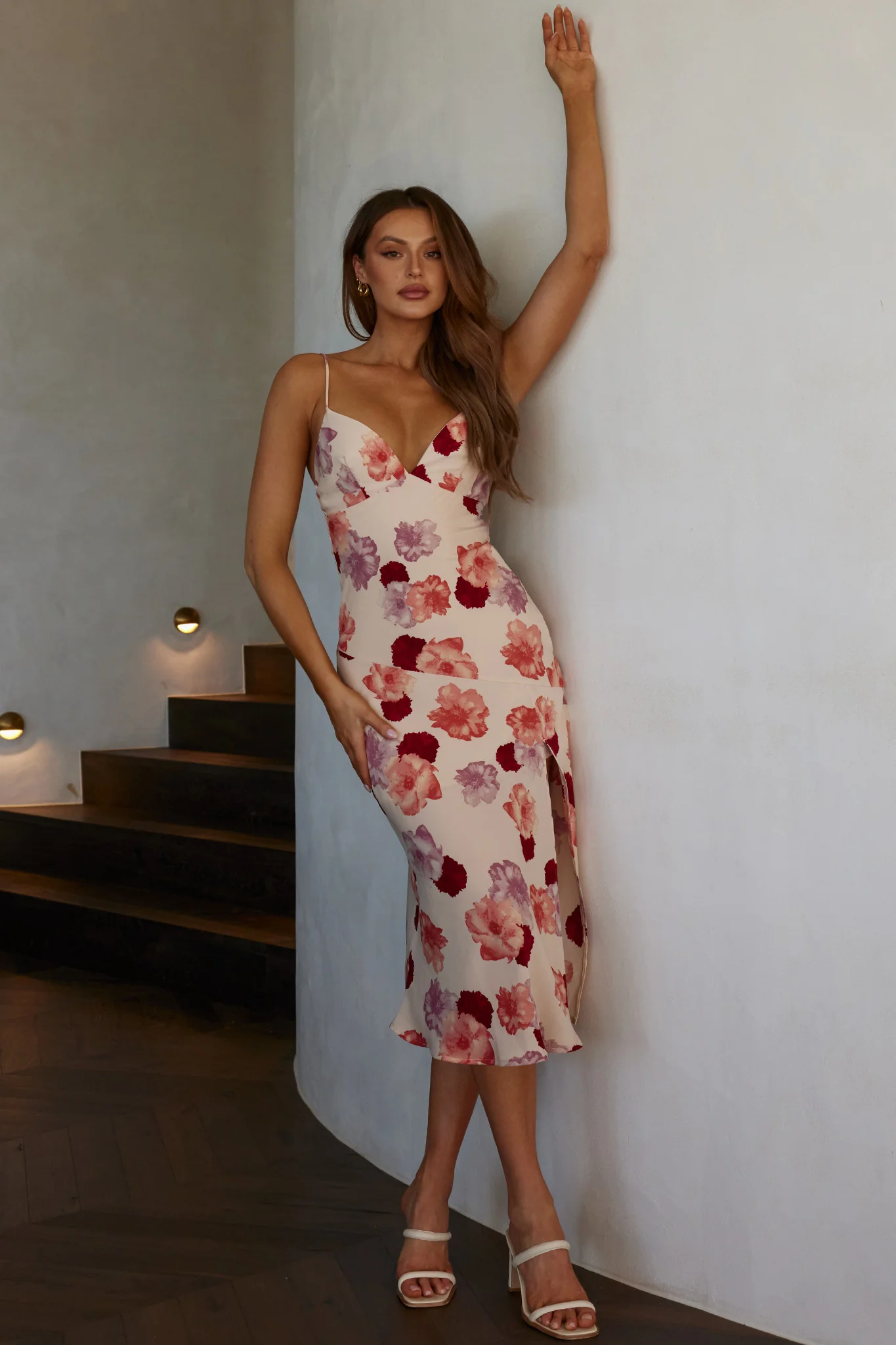 Downtown Cami Strap Front Split Midi Dress Flower Rose - Image 3