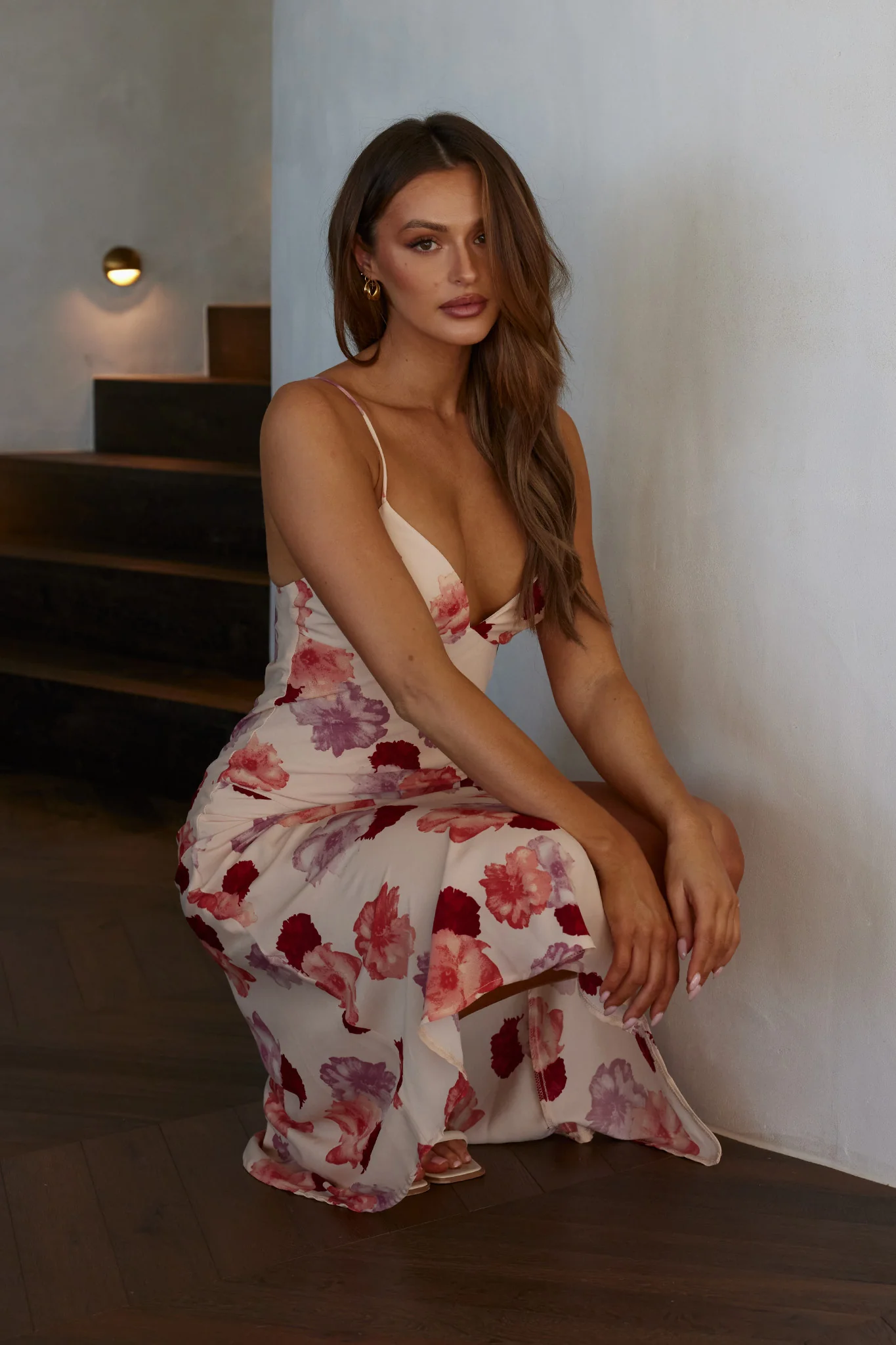Downtown Cami Strap Front Split Midi Dress Flower Rose - Image 4