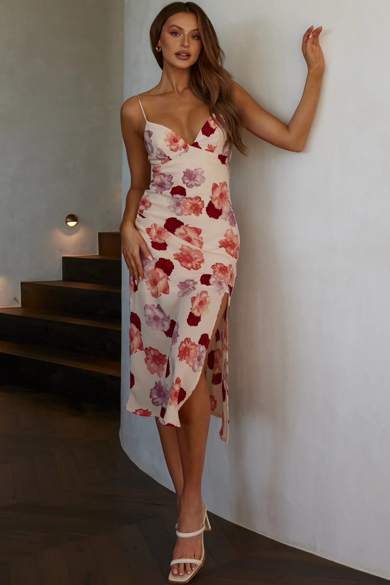 Downtown Cami Strap Front Split Midi Dress Flower Rose - Image 9