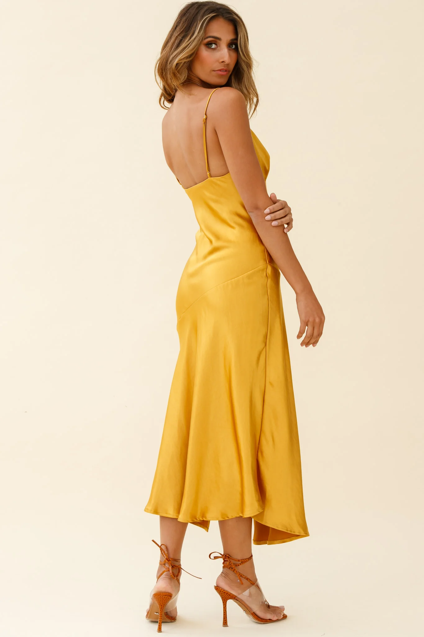 Downtown Cami Strap Front Split Midi Dress Mustard - Image 3