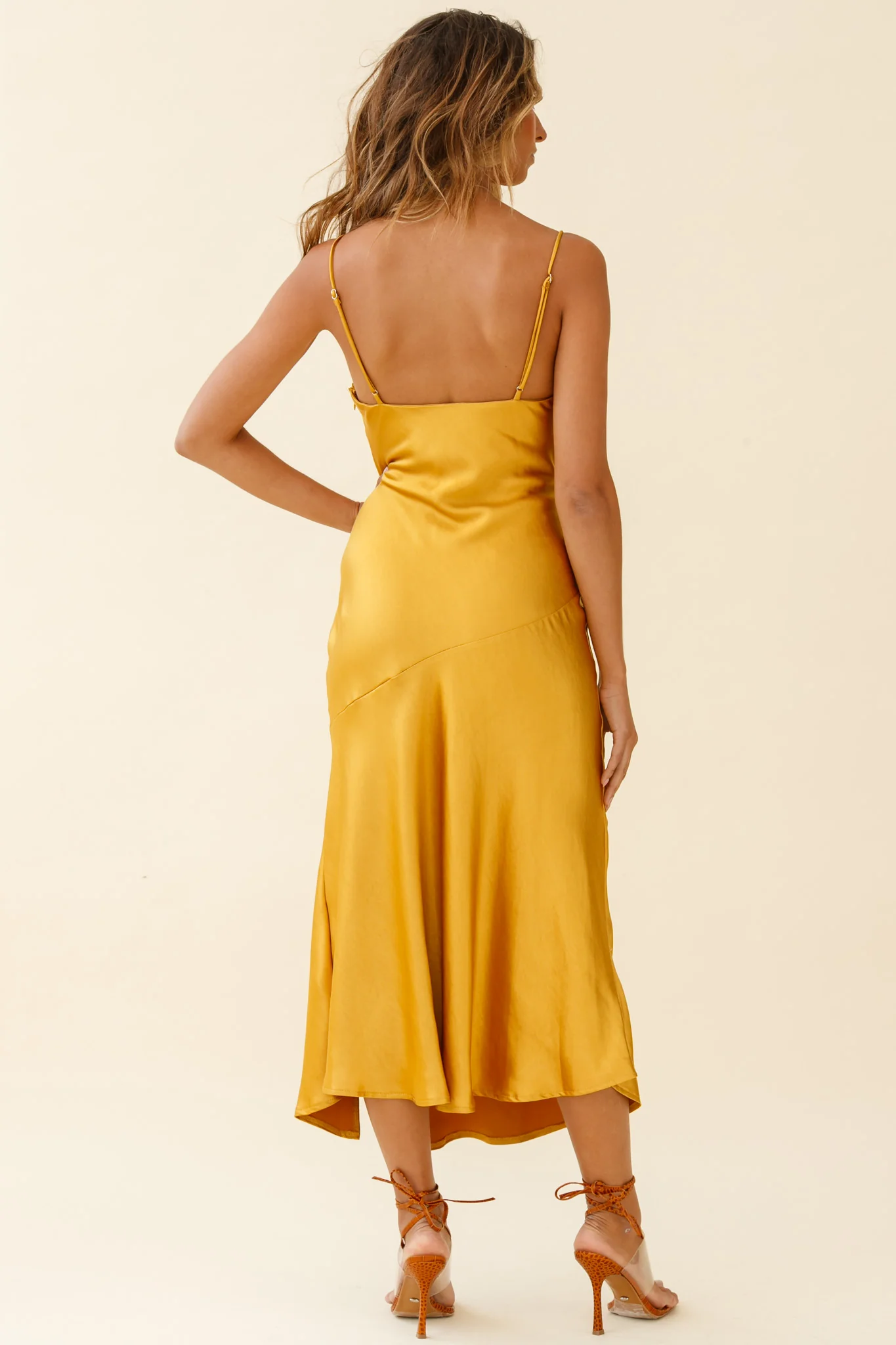 Downtown Cami Strap Front Split Midi Dress Mustard - Image 6