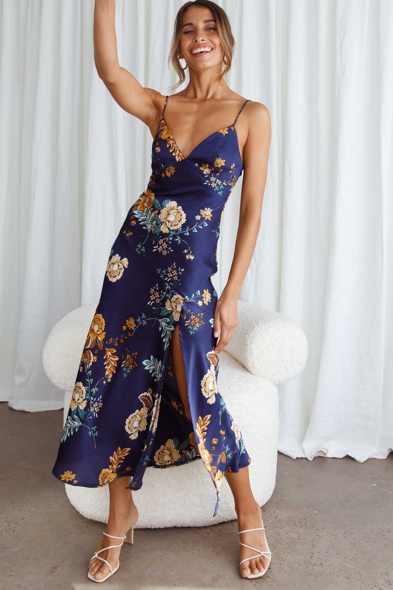 Downtown Cami Strap Front Split Midi Dress Oriental Flower Print Navy - Image 6