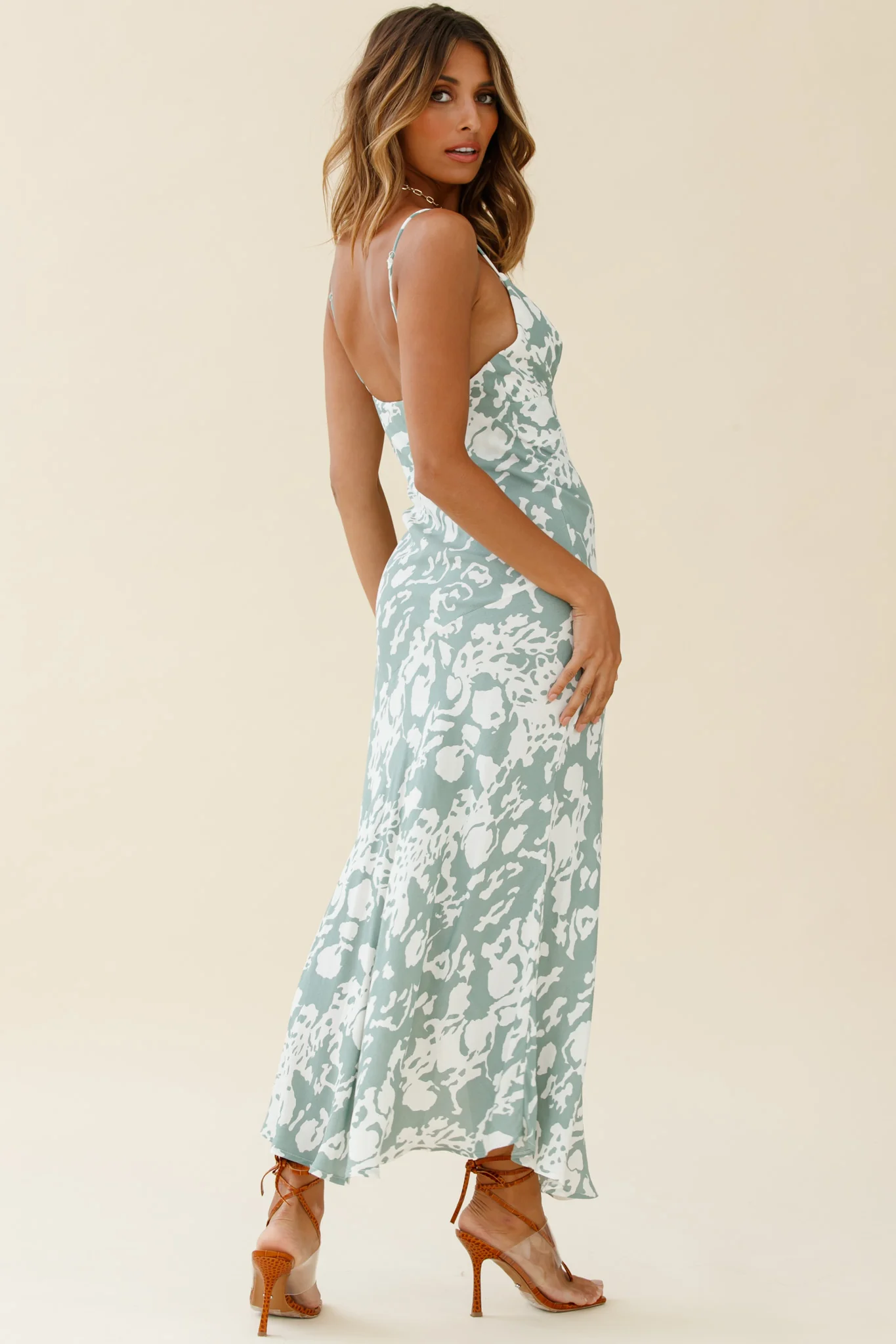 Downtown Cami Strap Front Split Midi Dress Stencil Print Sage - Image 2