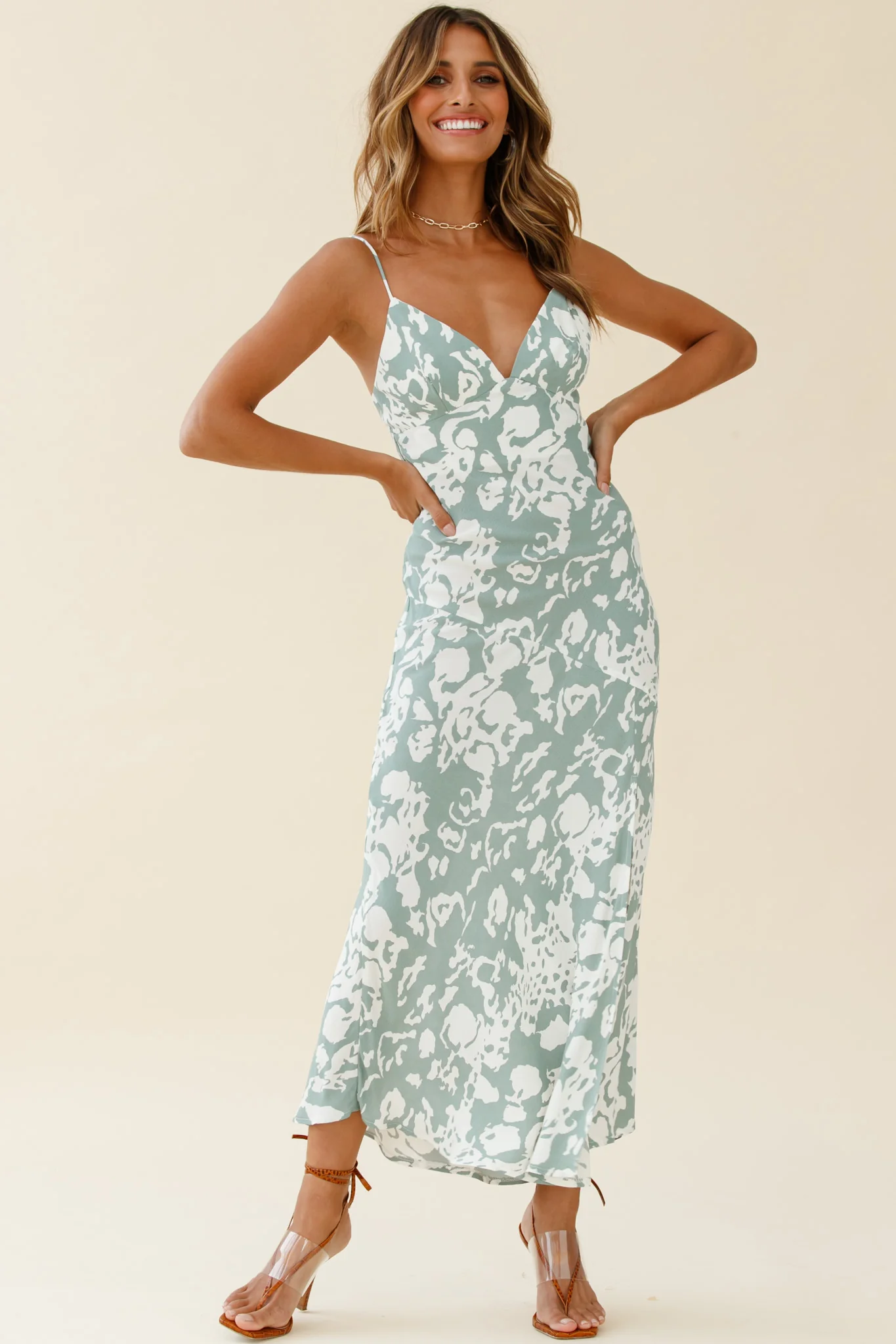 Downtown Cami Strap Front Split Midi Dress Stencil Print Sage - Image 3