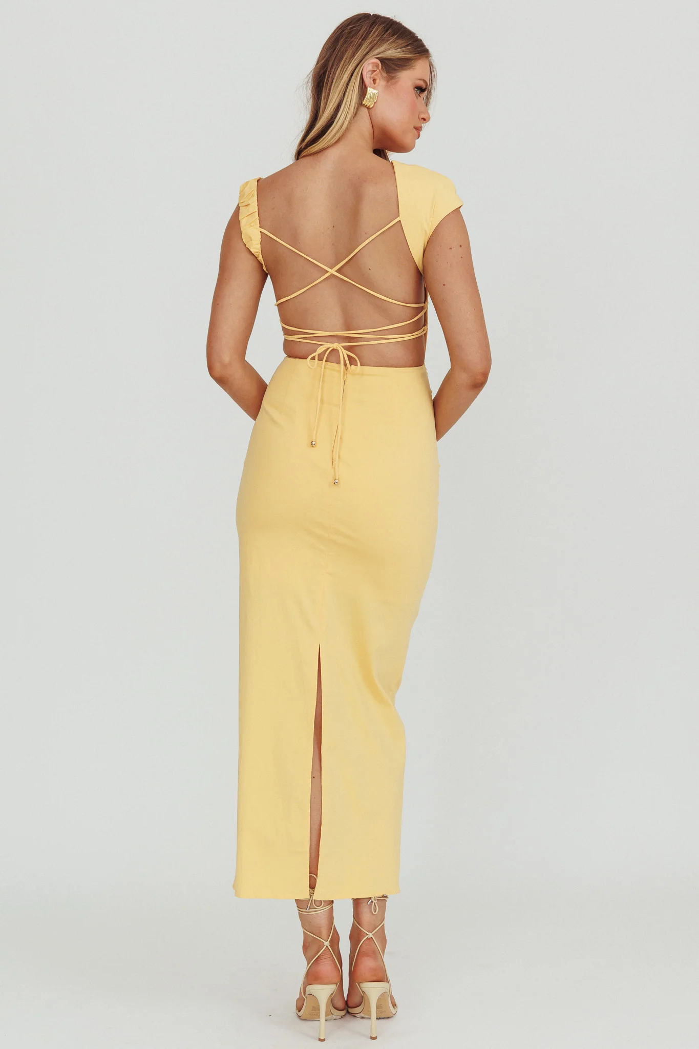 Dream Crush Asymmetric Neckline Midi Dress Lemon - Image 2
