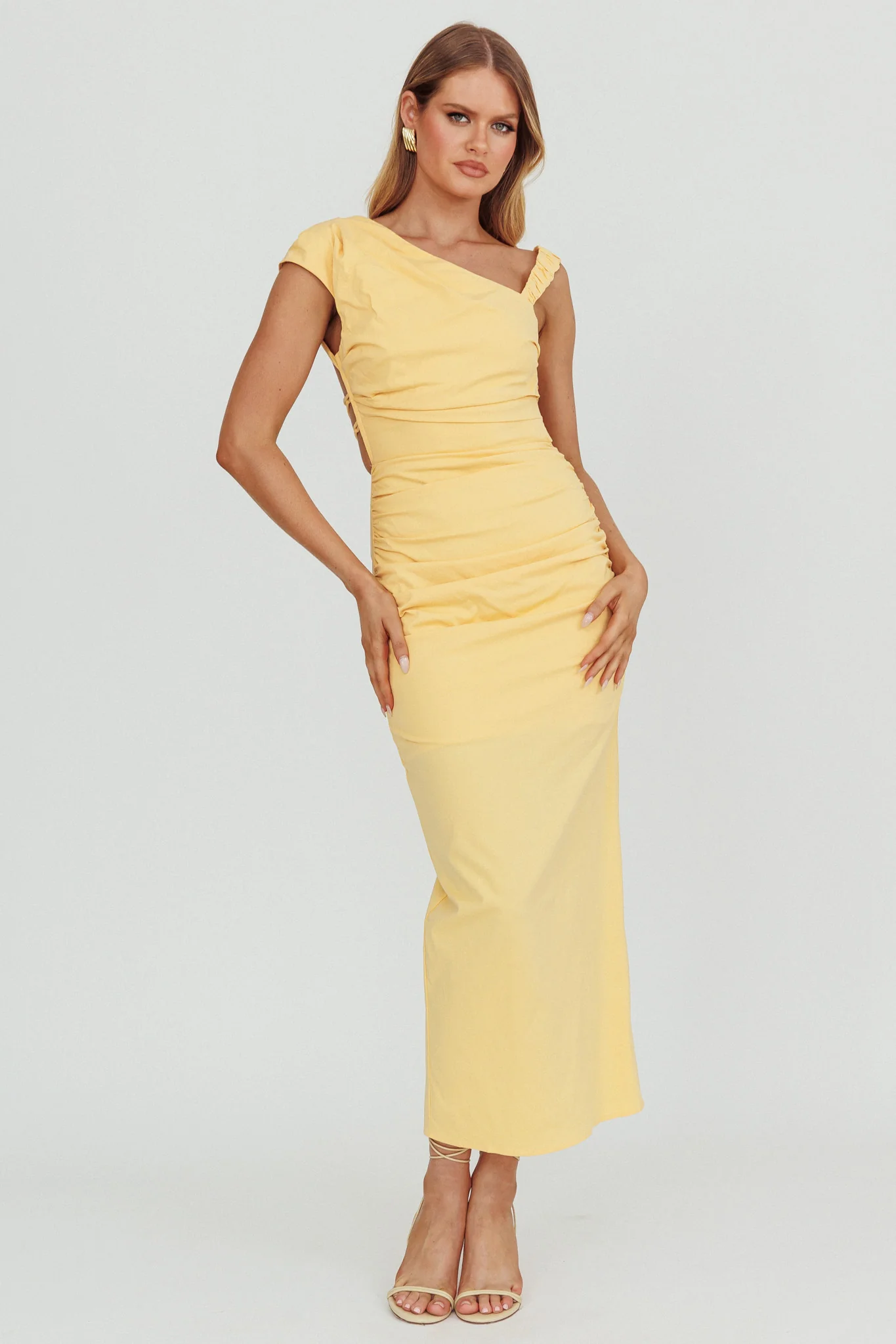 Dream Crush Asymmetric Neckline Midi Dress Lemon - Image 5