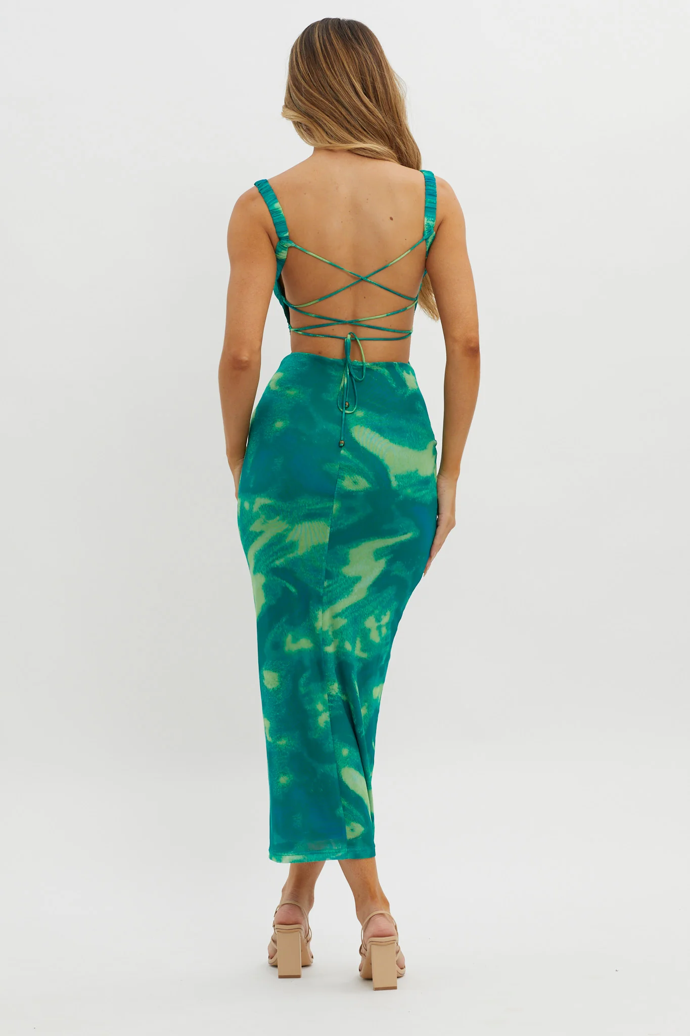Dream Crush Lace-Up Back Side Split Maxi Dress Swirl Green - Image 2