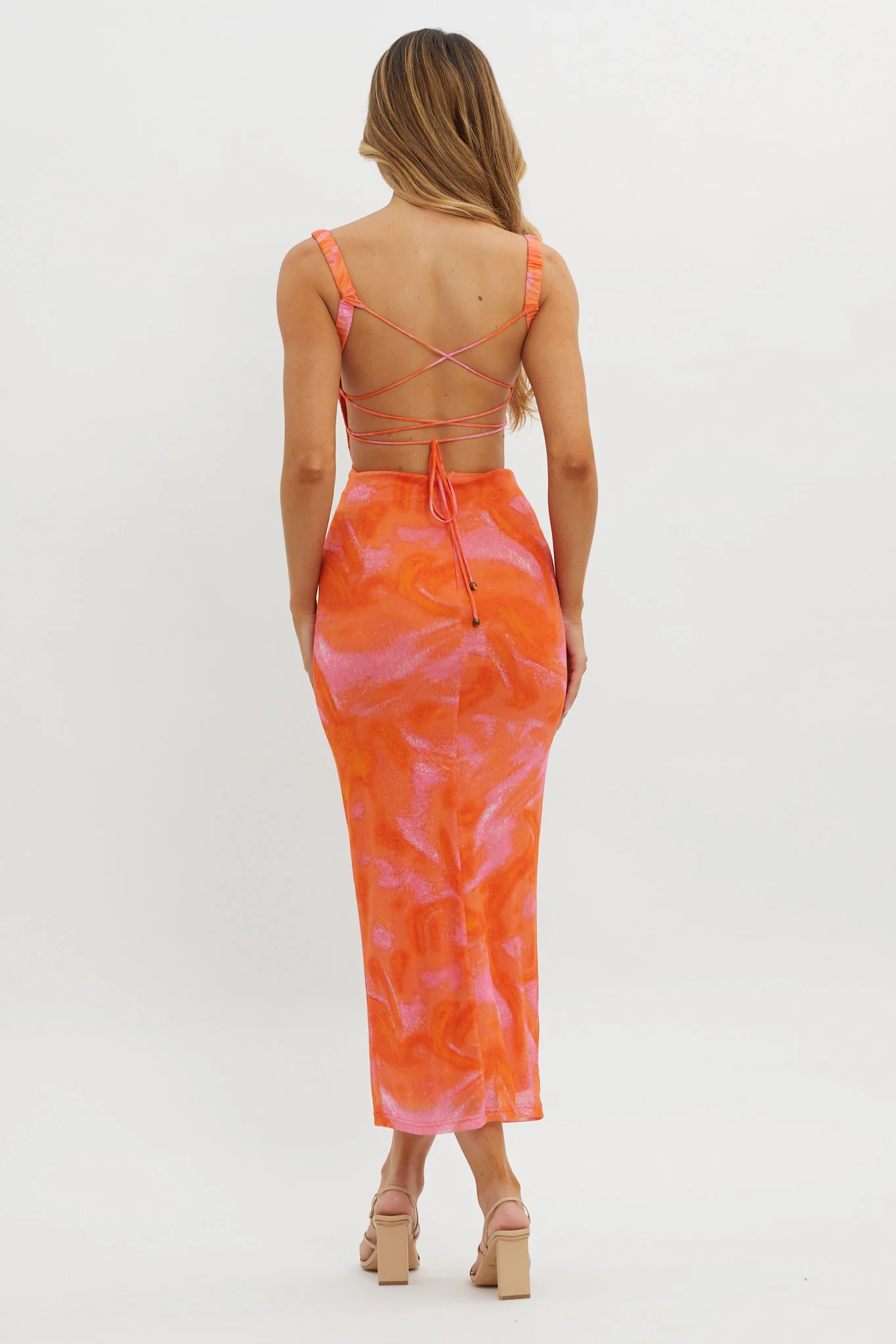 Dream Crush Lace-Up Back Side Split Maxi Dress Swirl Orange - Image 2