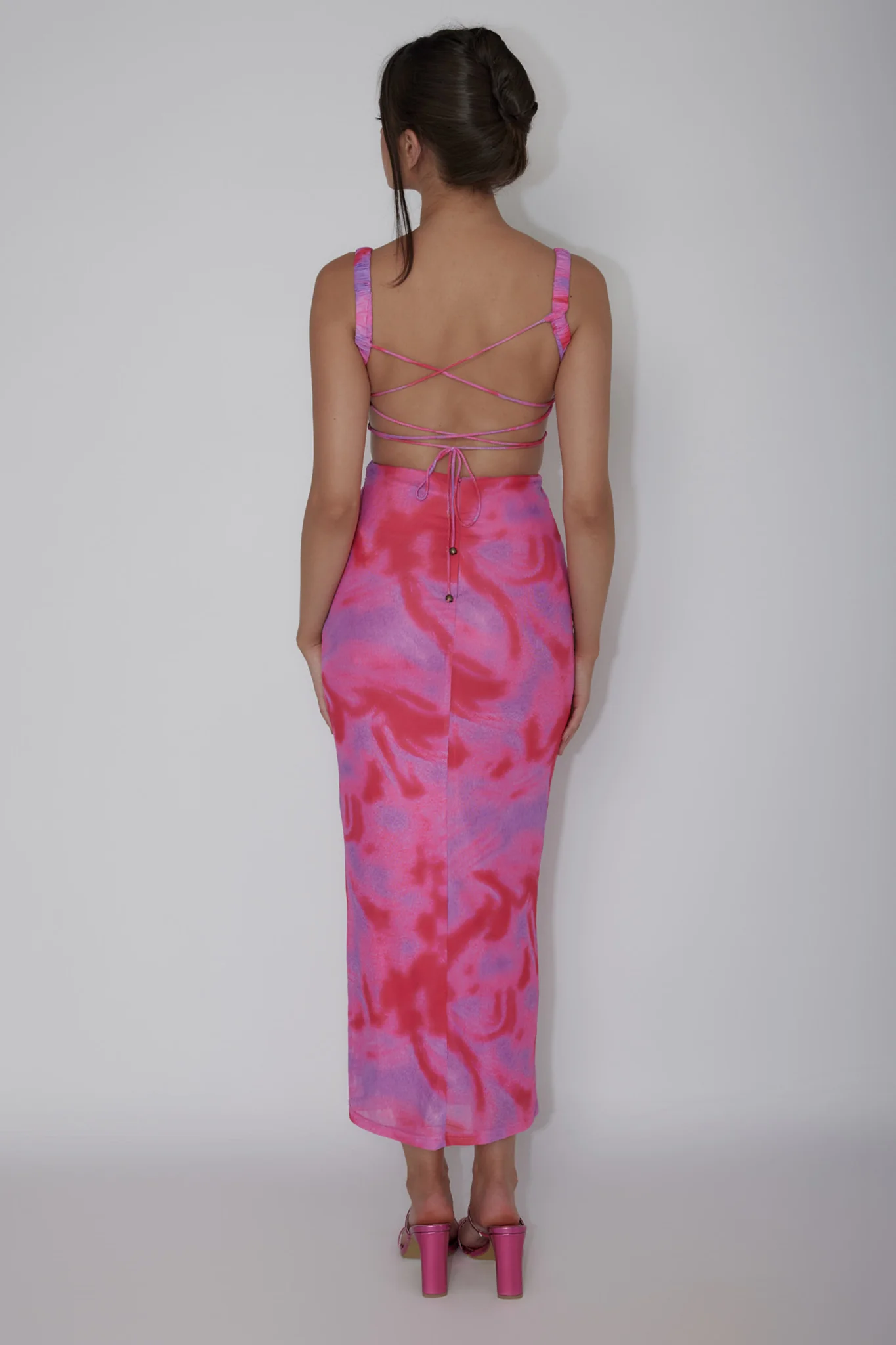 Dream Crush Lace-Up Back Side Split Maxi Dress Swirl Pink - Image 2