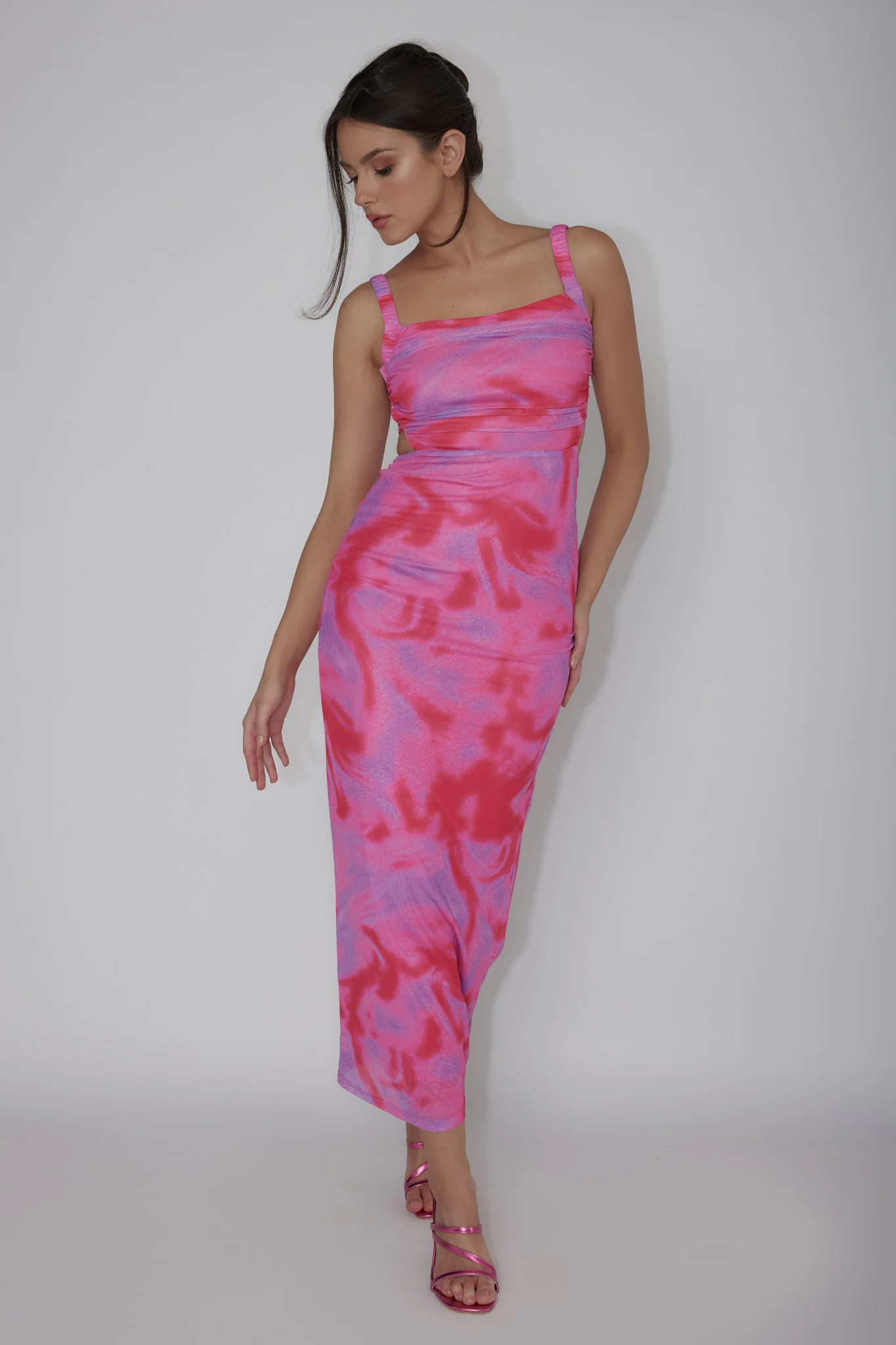 Dream Crush Lace-Up Back Side Split Maxi Dress Swirl Pink - Image 3
