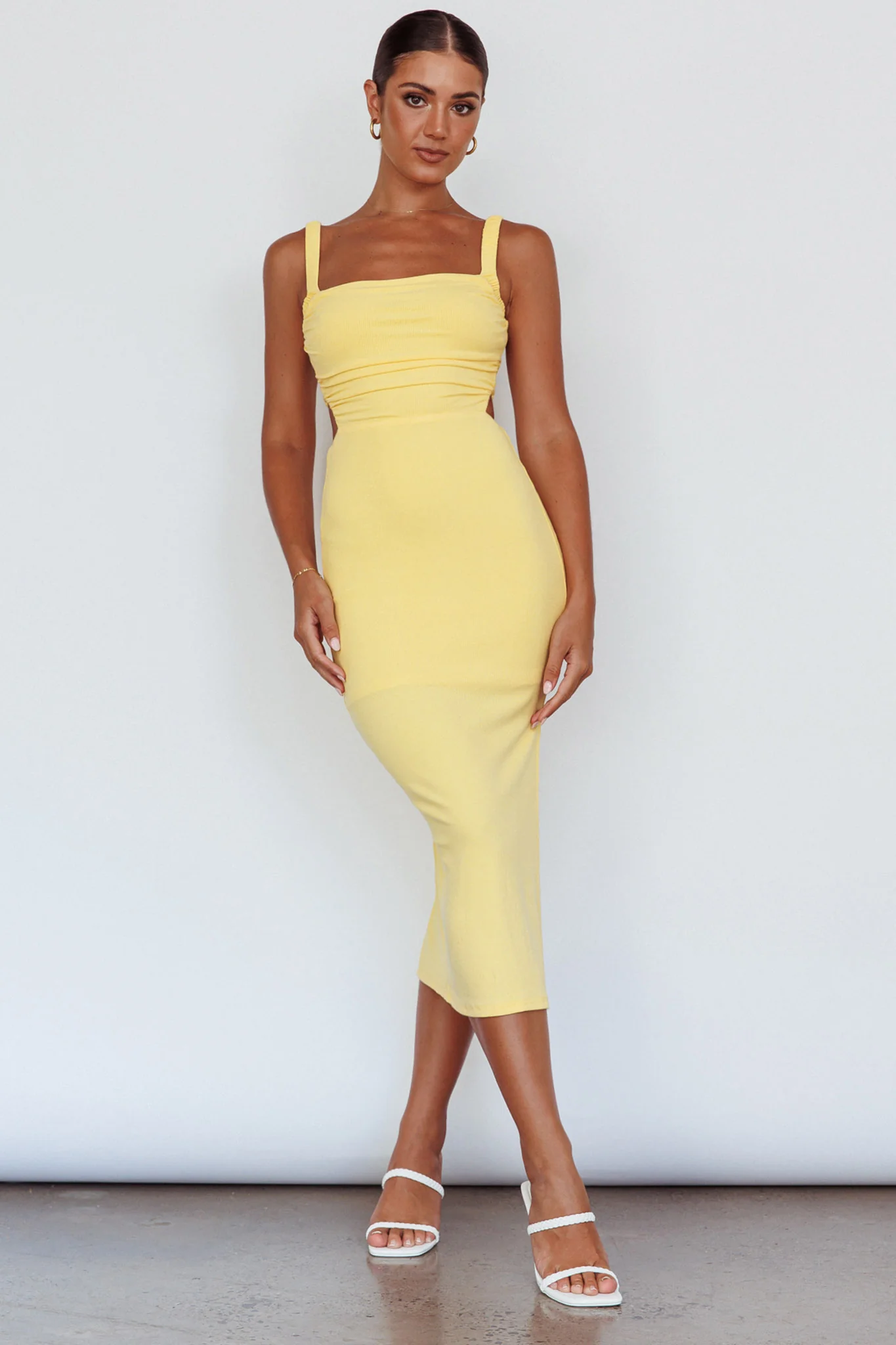 Dream Crush Lace-Up Back Side Split Midi Dress Lemon - Image 8