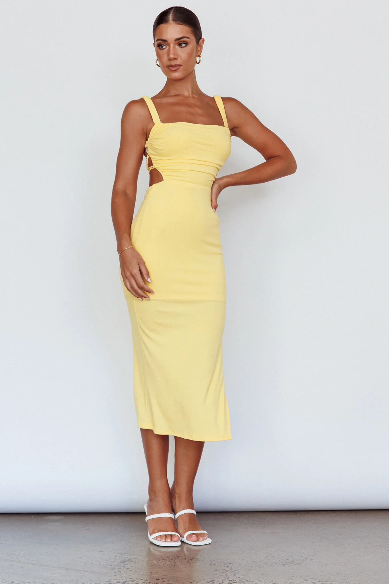 Dream Crush Lace-Up Back Side Split Midi Dress Lemon - Image 9